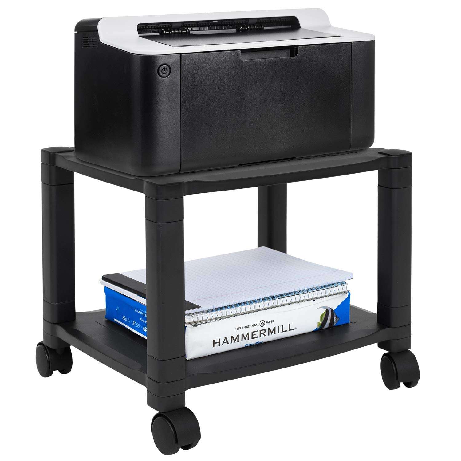 MOUNT-IT! Under Desk Printer Stand With Wheels [2 Shelf] Height Adjustable with 4 Swivel Wheels, Cable Management, Low Rolling, Mobile Printer Cart, 2 Tier (Black) 1