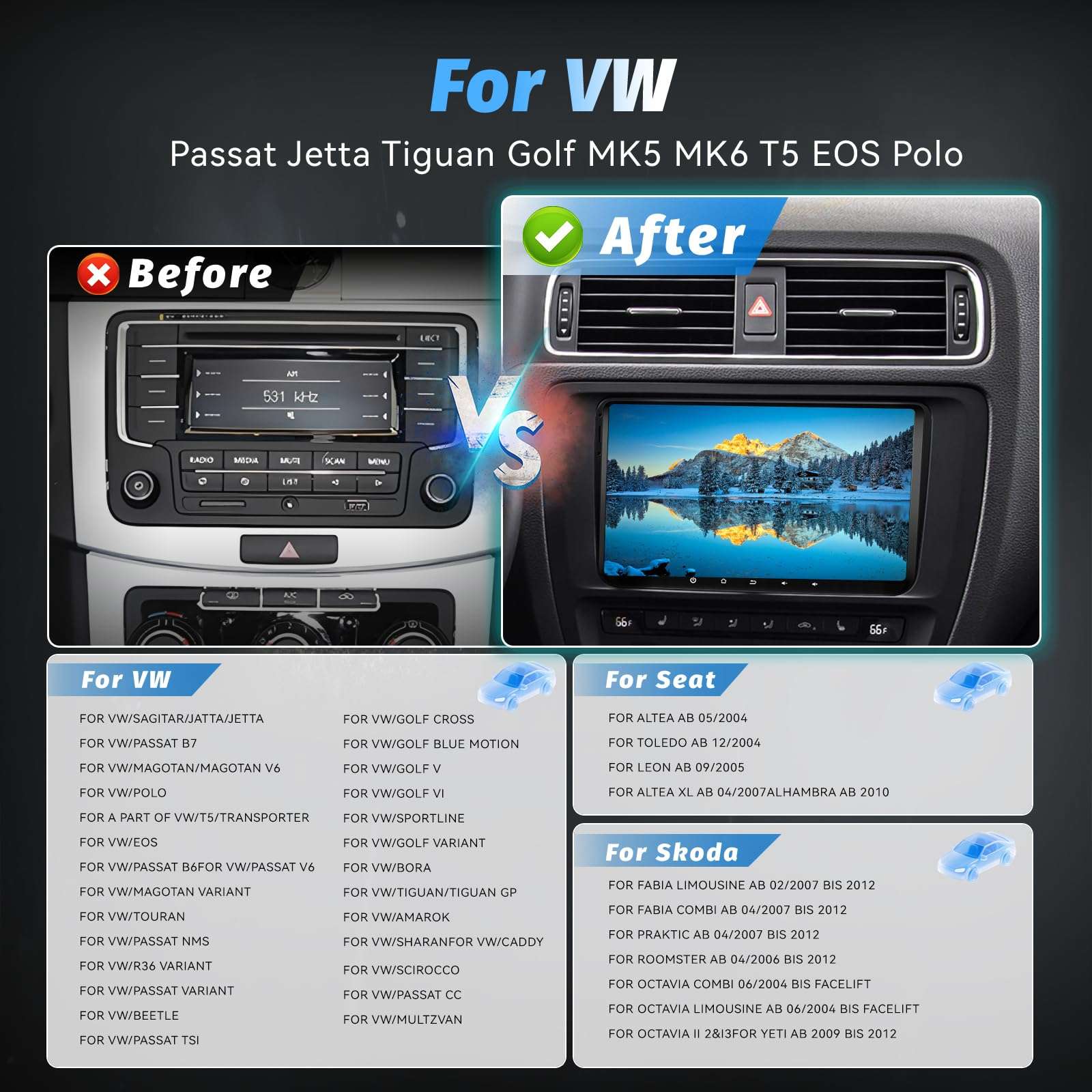 [6+128] Volxcereo Car Radio for Volkswagen VW Passat Jetta Tiguan Golf MK5 MK6 T5 EOS Polo, 9 inch Android Touchscreen Stereo with Carplay/Android Auto, GPS, WiFi, Bluetooth, SWC, FM/RDS 4