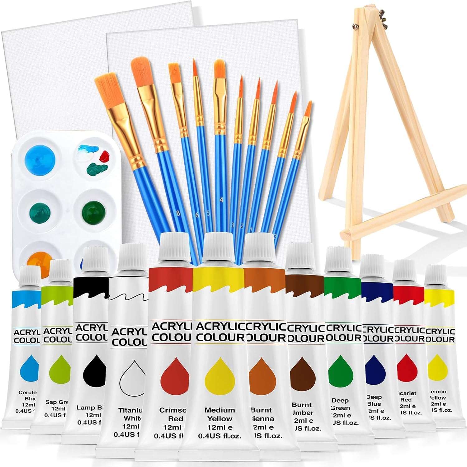 BOSSNOUK 26-Pcs Acrylic Paint Set with 12 Vibrant Colors, 10 Professional Brushes, 2 Canvas Panels with Wooden Easel Stands & Palette | Complete DIY Art Kit for Kids, Students & Beginners 1
