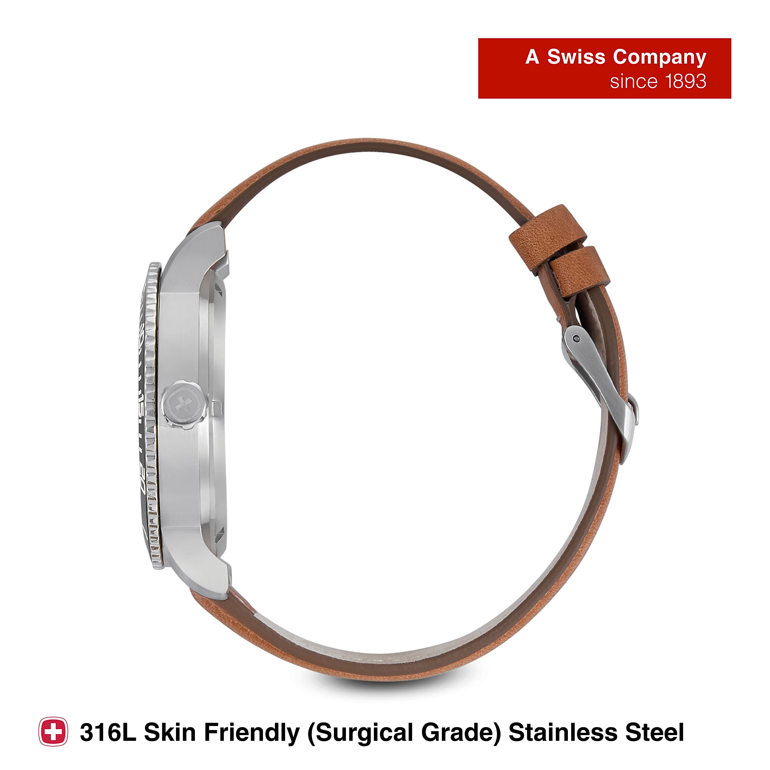 WENGER Swiss Made (Roadster Black Dial Analog Quartz Men’s Watch Brown Leather Strap- Stylish and Original) Model Number 011841105 2