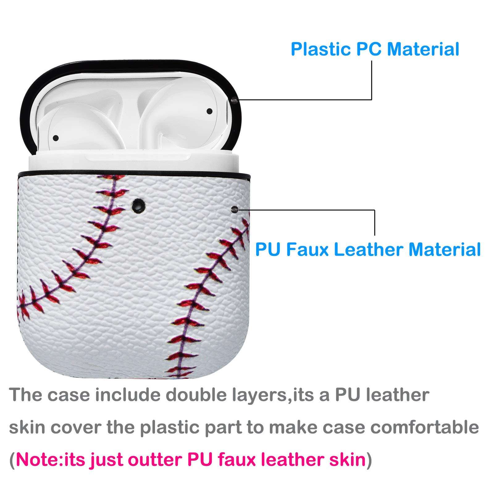 Tekcoo AirPods Case, [Front LED Visible] AirPods Accessories Cover Compatible with Apple Airpods 1 & AirPods 2 Protective PC Plastic Inner + PU Vegan Leather Pattern Skin & Keychain [Baseball] 2