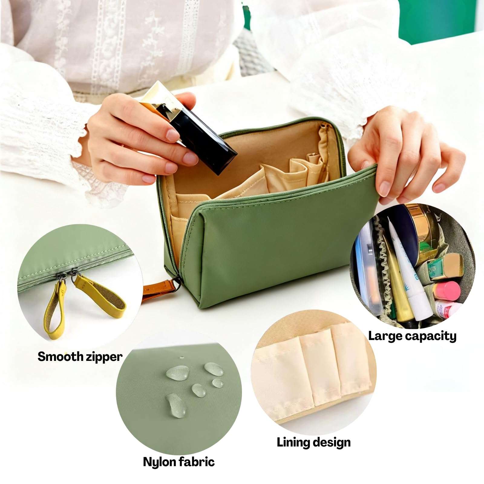 TecoKart® 2 Pack Small Makeup Pouch Set – Waterproof Travel Cosmetic Organizer, Mini Make Up Case for Women, Portable Korean Style Beauty Bag (Army Green & Black) - 16 cm x 6 cm x 9.5 cm 4