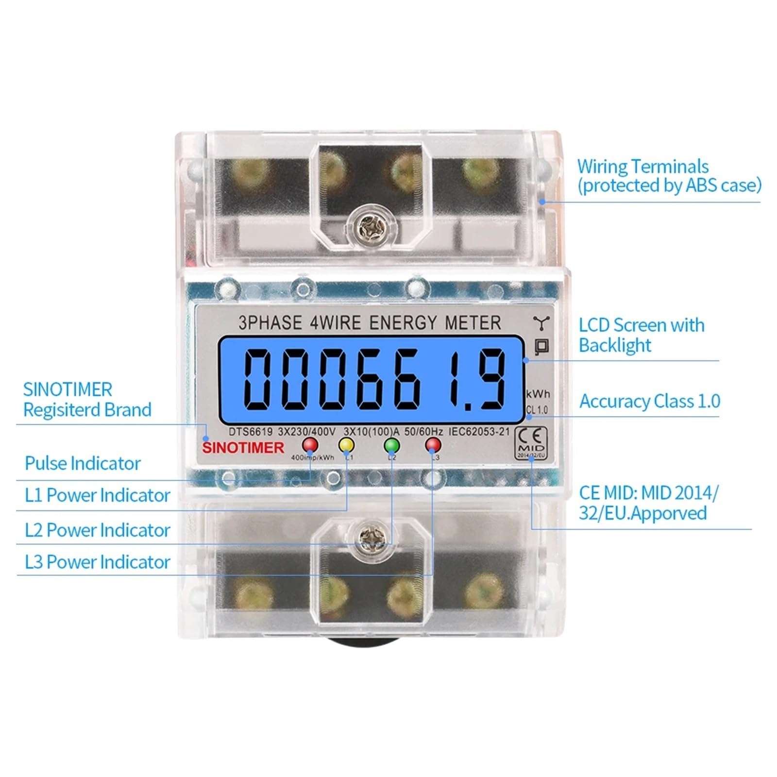 230/400V 100A LCD Digital Display Multimeter Backlight Power Meter Energy Meter Smart Electric Meter 3 Phase Wattmeter Kwh Meter(220V with WhiteShell) 5