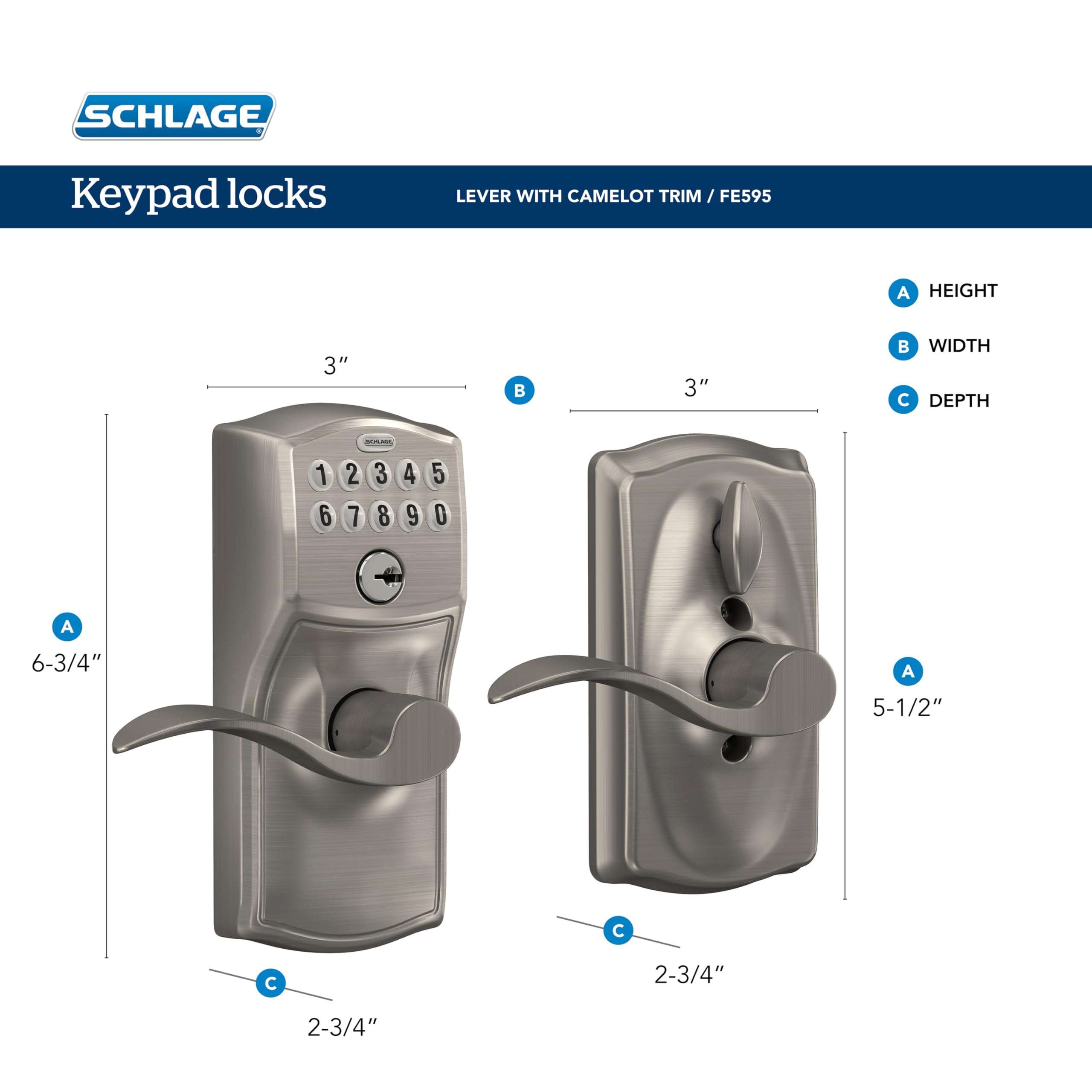 SCHLAGE FE595 CAM 619 GEO Camelot Keypad Entry with Flex-Lock and Georgian Style Knobs, Satin Nickel 3
