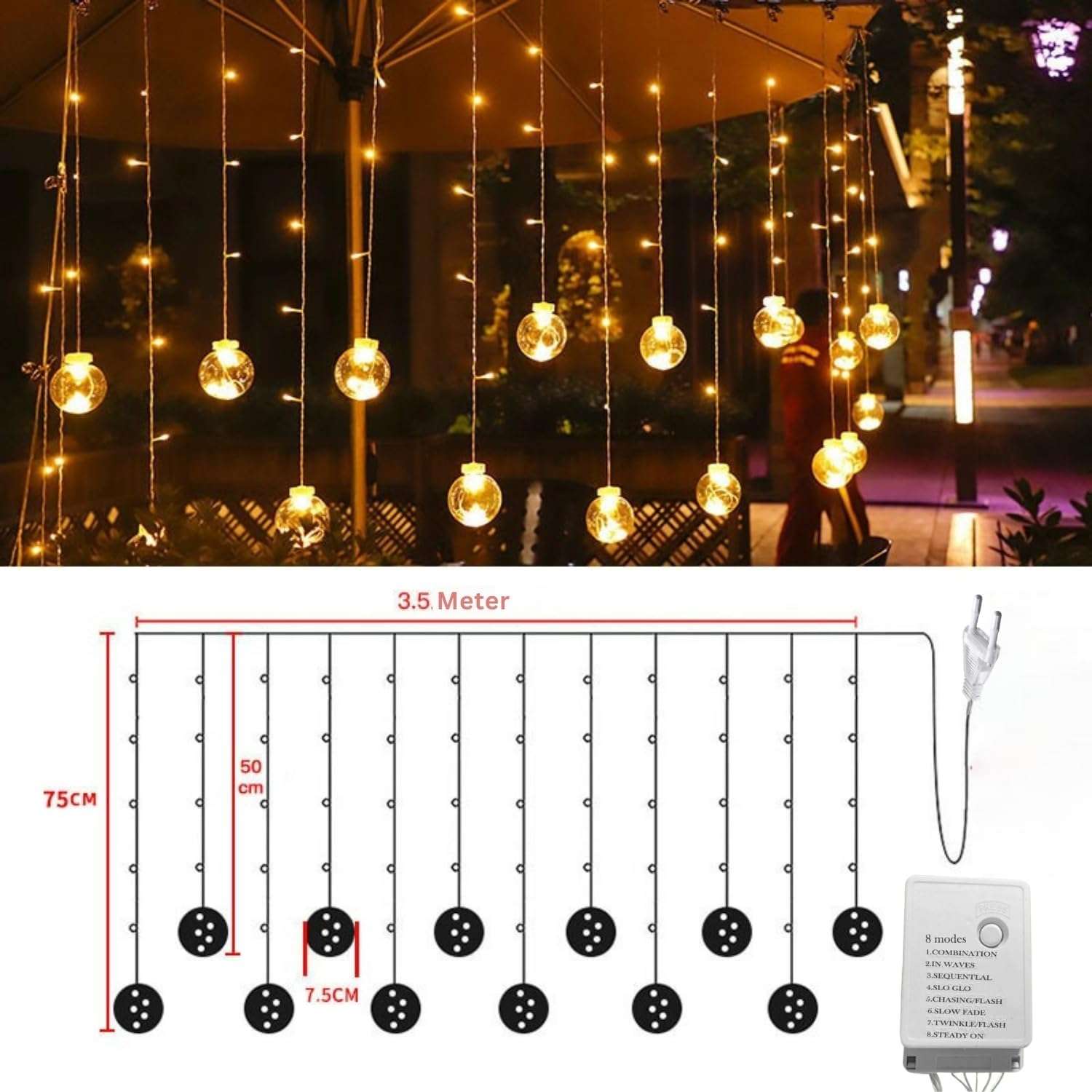 One94Store 12 Wish Ball Curtain LED String Lights – Pack of 1, 3 Meter Warm White Curtain Light with 108 LEDs & 8 Flash Modes for Window, Room, Diwali & Festival Decoration 4