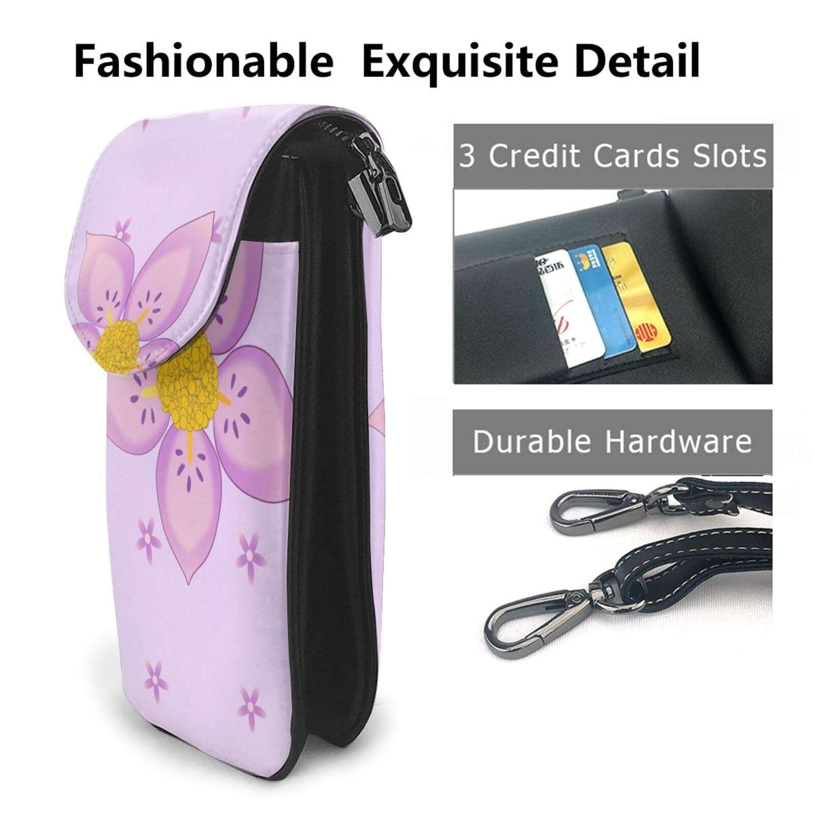 women Small Cell Phone Purse Five-petaled purple flowers picture Soft, durable and waterproof PU leather Convenient for daily use and travel 3