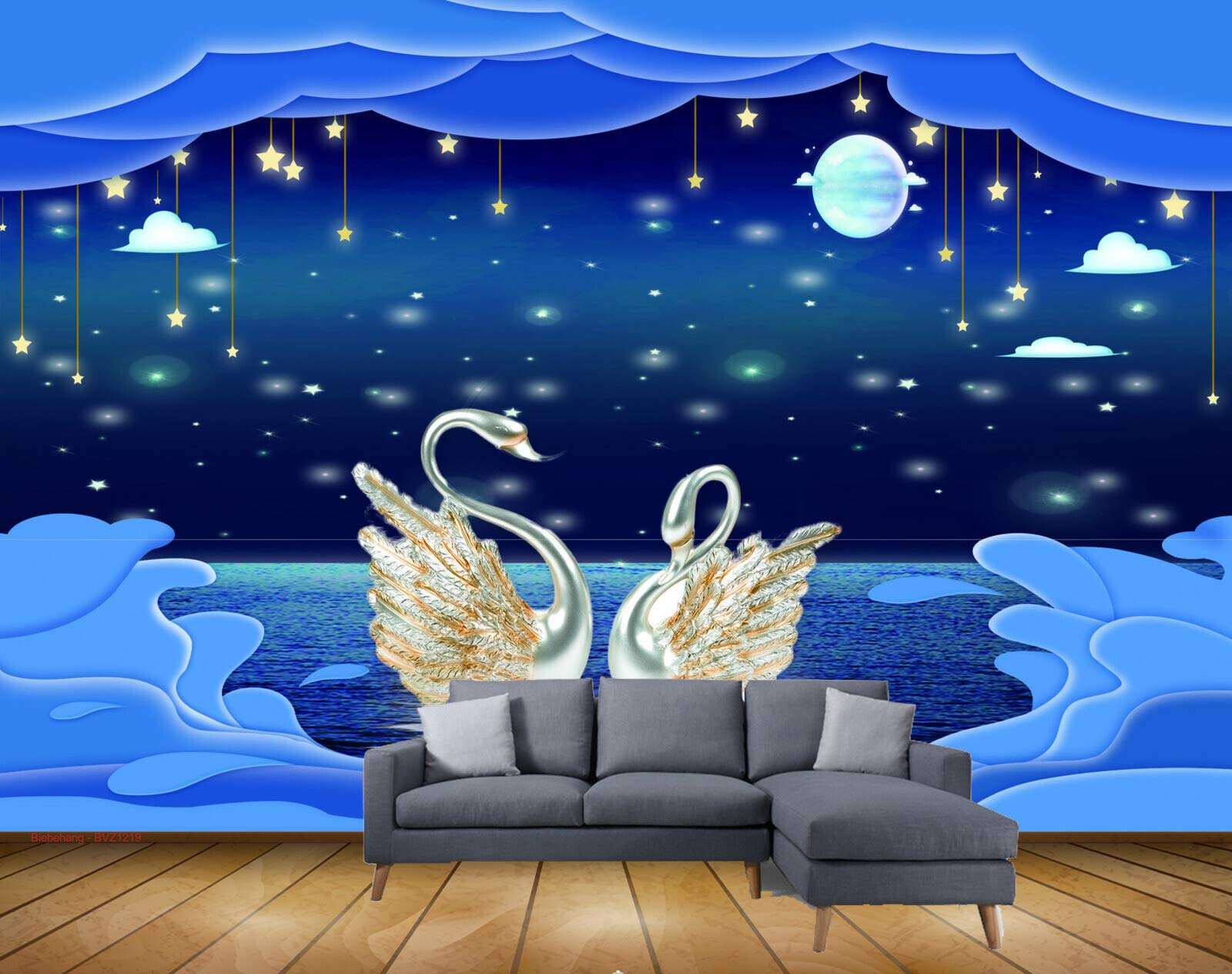 Beibehang Exclusive BVZ1219 Modern Style Swan Moon Starry Sky Tv Sofa Background HD 3D Wallpaper(365 cm x 243 cm) 1