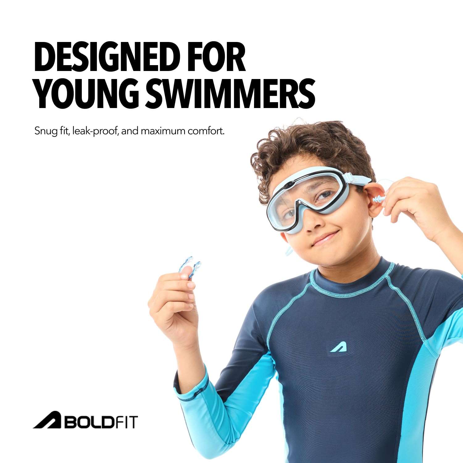 Boldfit Swimming Goggles for Kids, Boys With Adjustable Strap, UV Protection, Antifog Goggles for Swimming Girls Air Tight with Free Ear & Nose Plug - Blue Black 3