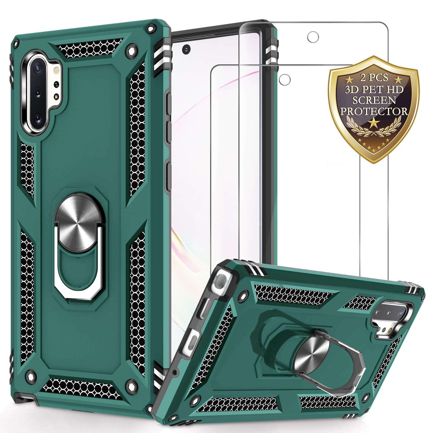 Compatible for Samsung Note 10 Plus Case, for Galaxy Note 10+ Case with Screen Protector [3D PET, 2 Pack], Jshru Rotating Ring Kickstand Protective Case for Samsung Galaxy Note 10 Plus, Midnight Green 1