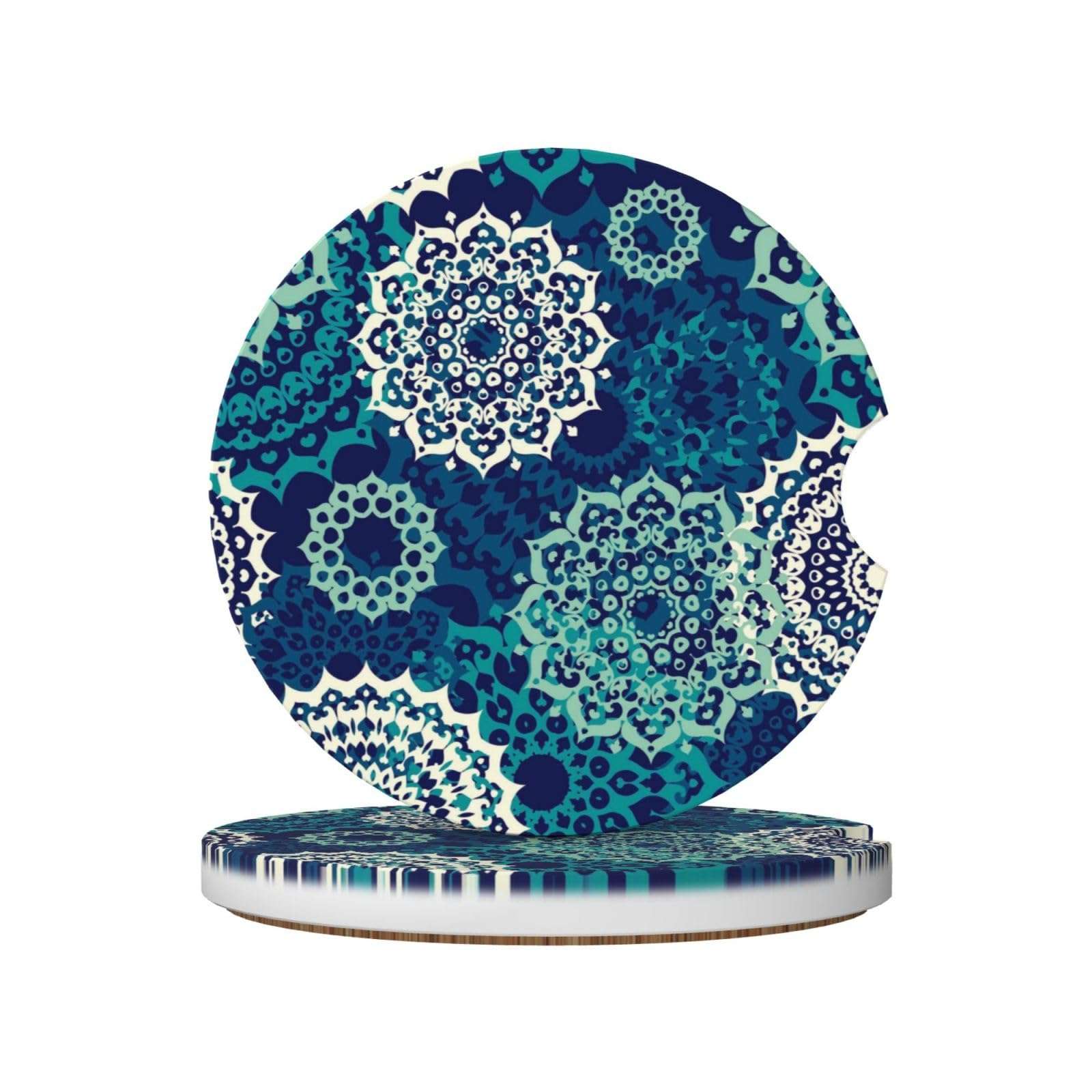 Xiso Ver Bohemian Mandala Car Cup Coasters 2 Pack Ceramic Cup Holders 2.56" Cork Base Drink Coasters with Finger Notch for Easy Move of Car Cup Holder 1