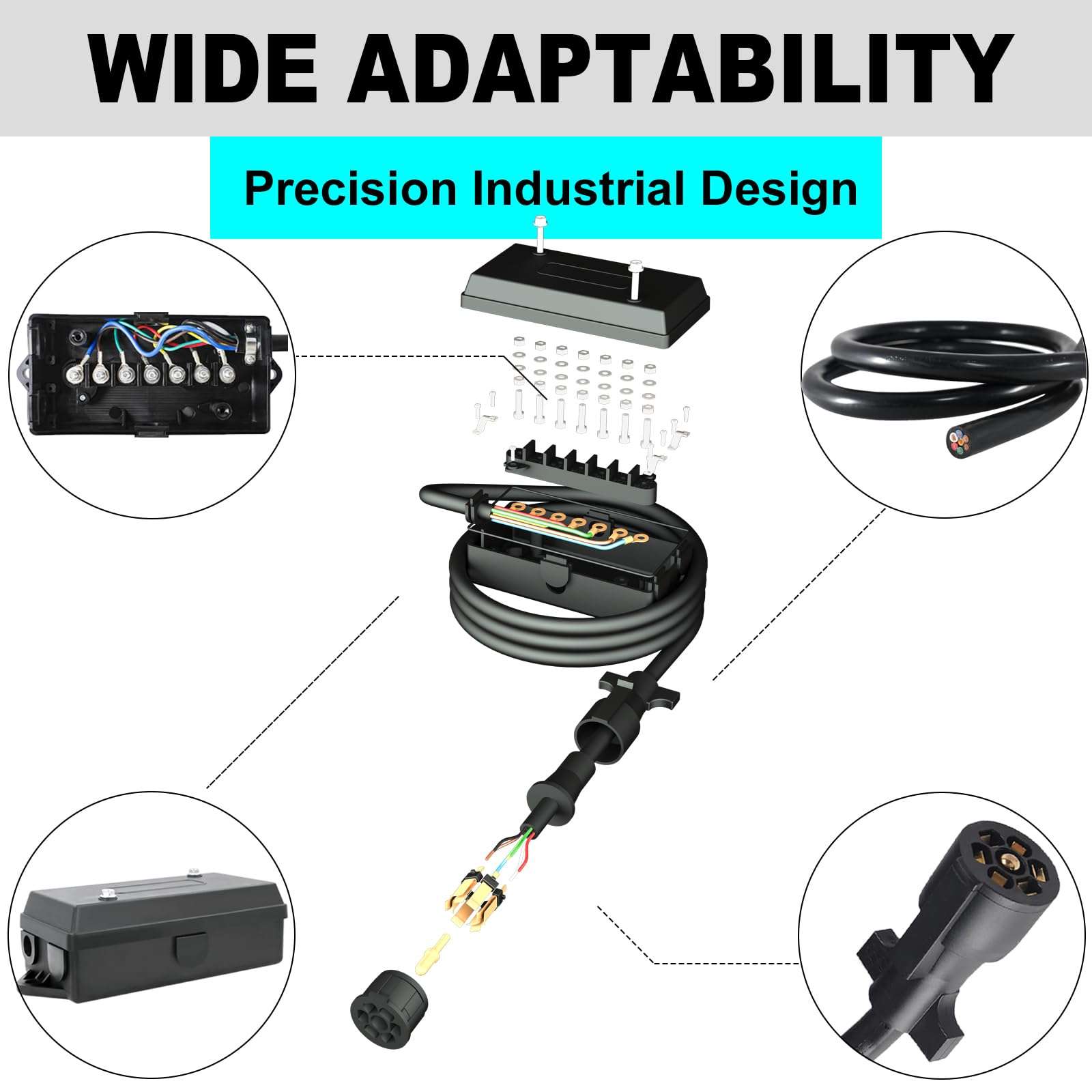 CXTM 7 Pin Trailer Wiring Harness with 7 Gang Junction Box - 6 Feet, Heavy Duty 7-Pin Trailer Cord Wire Cable, 7 Way Trailer Plug with Junction Box, Trailer Junction Box 7 Pole Waterproof (6ft) 3