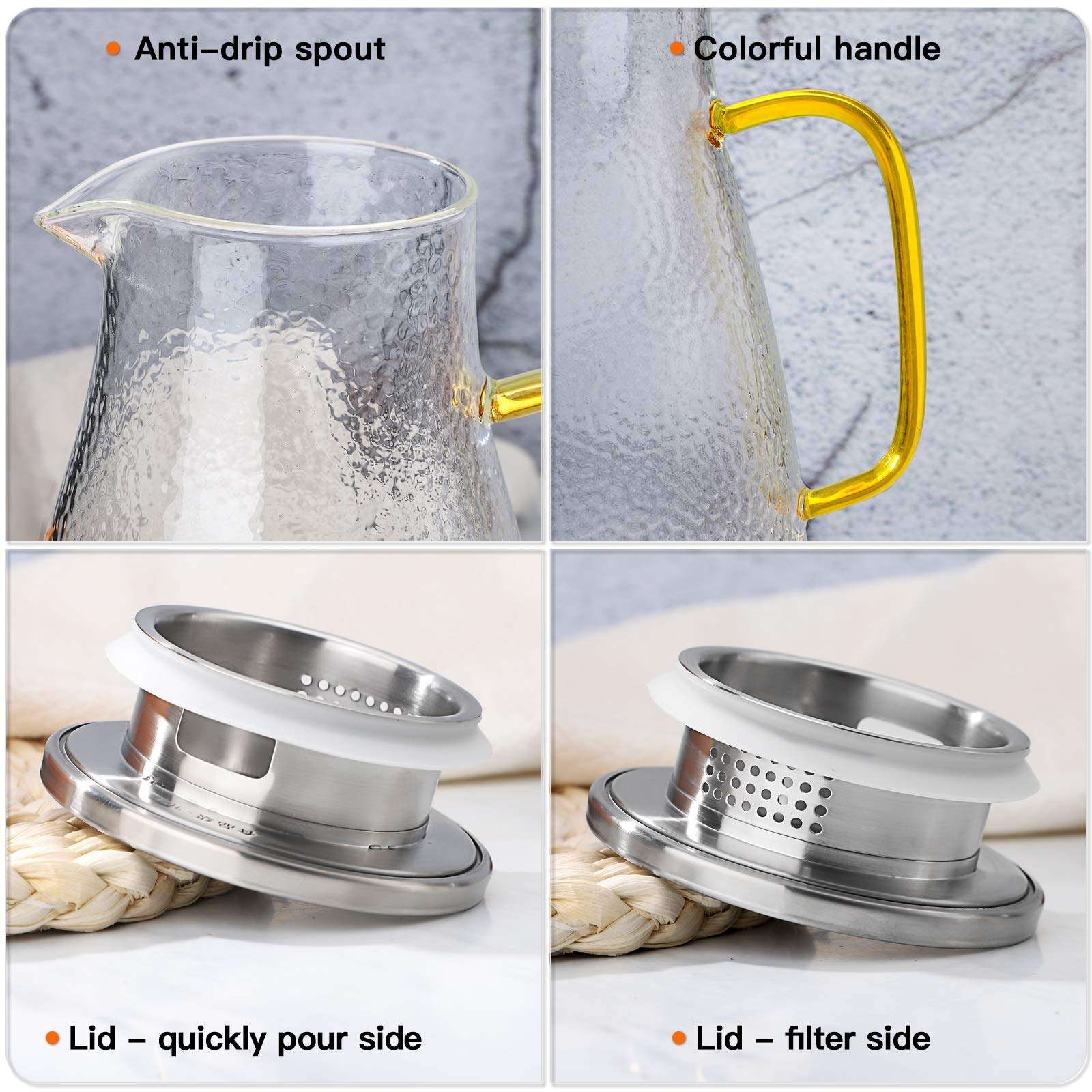 85 Ounces Glass Pitcher, ONEISALL Water Carafe with Filter Lid and Drip-free Spout, Thicker Heat Resistance Beverage Carafe for Hot/Cold drinks & Iced Tea, Durable, Cleaning Brush Included 5