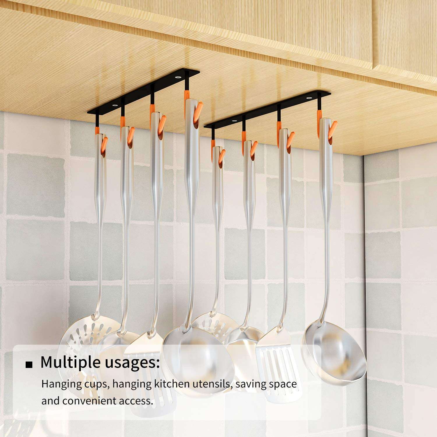 XIGOO Coffee Mug Holder Under Cabinet - Multi-Function Kitchen Cabinet 2pcs × 4 Hooks, Heavy Duty Hangers for Hanging Mug Cup,Teapots, Utensils 3