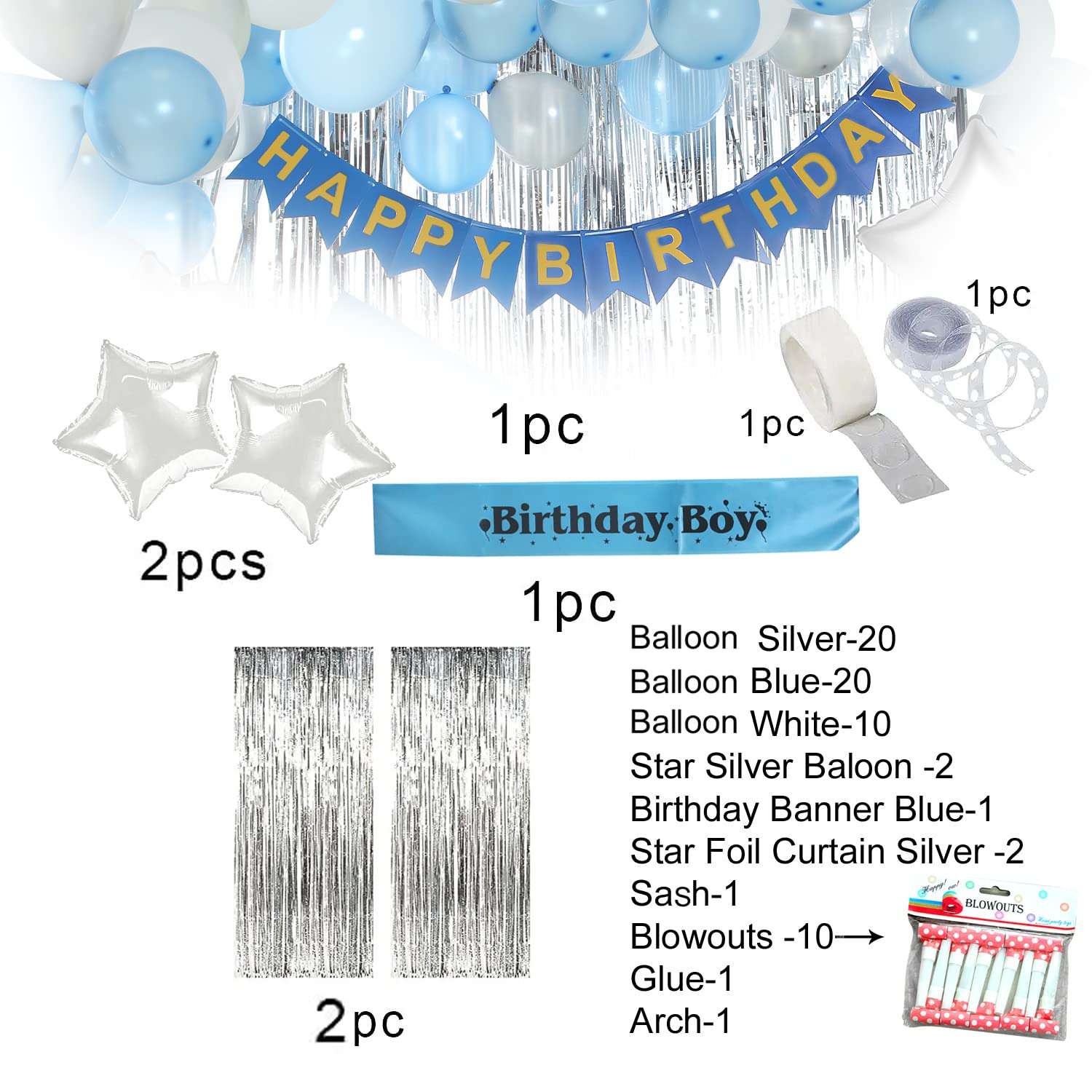 Wing Birthday Combo of 68 Pieces with Blue with Silver and White Balloons, Decoration Items Kit Combo Set Including 10 Piece Set of Blowouts 3