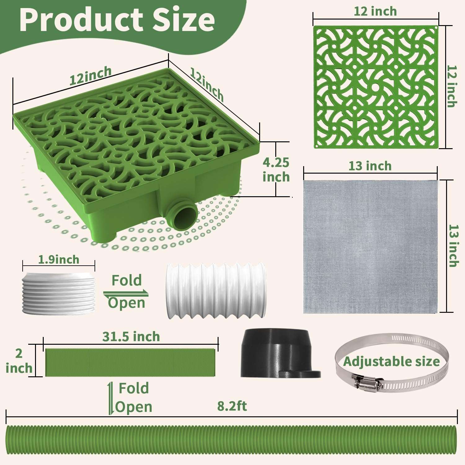 NAACOO Gutter Downspout Extensions Big Kit, Catch Basin + 2pcs Pipes, Low Profile Downspout Extender - Each Flexible Pipe is 8.2ft, 2 Pipes can Connected into Whole. Protect Foundation.(Grass Green) 6