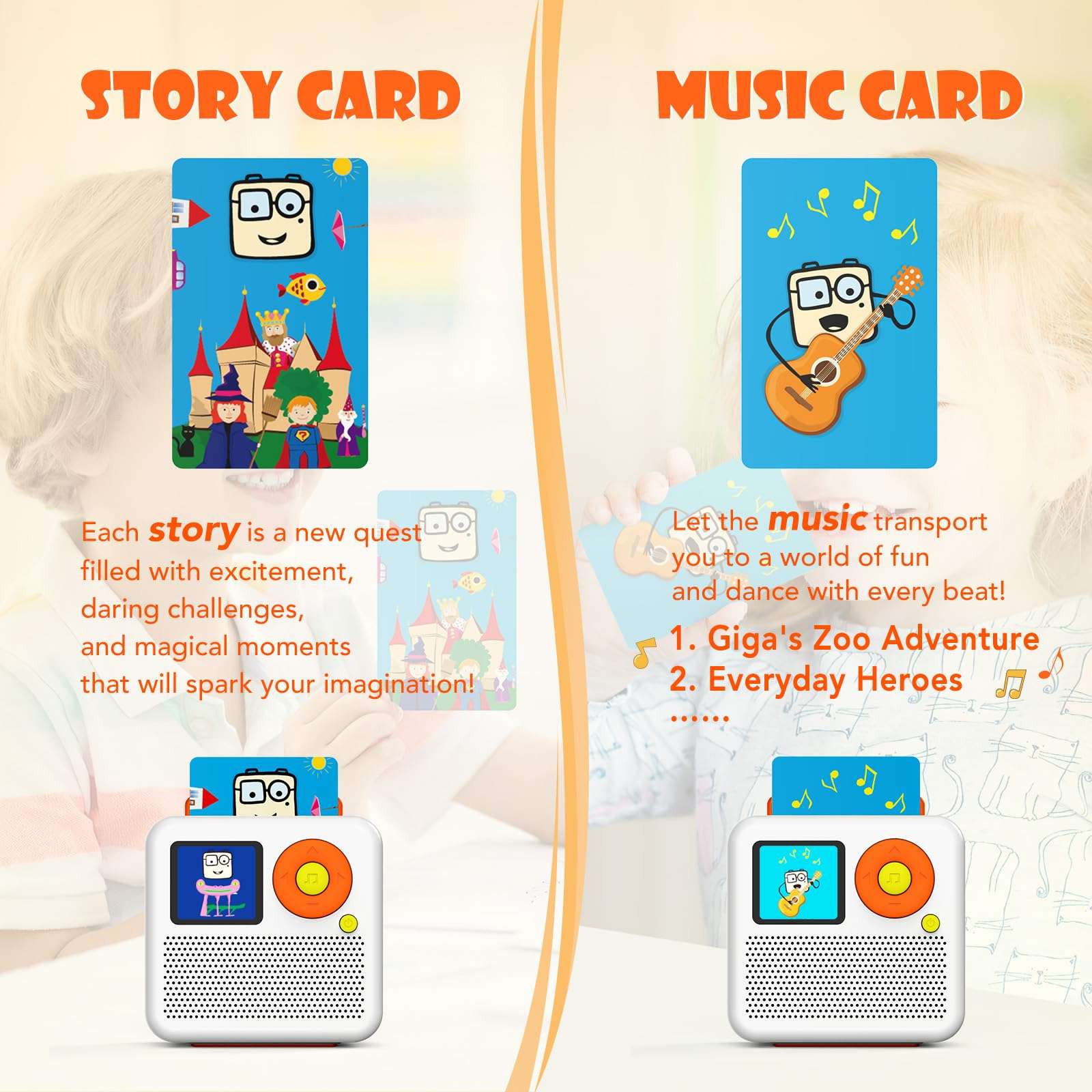 Qiaojoy Giggaboo + Make Your Own Cartd Cards Bundle - Audio Player, Bedtime & Playtime Travel Device with Pizza Hero Set, Make Your Own Card, Bluetooth-Compatible Speaker or Use with Headphones 5