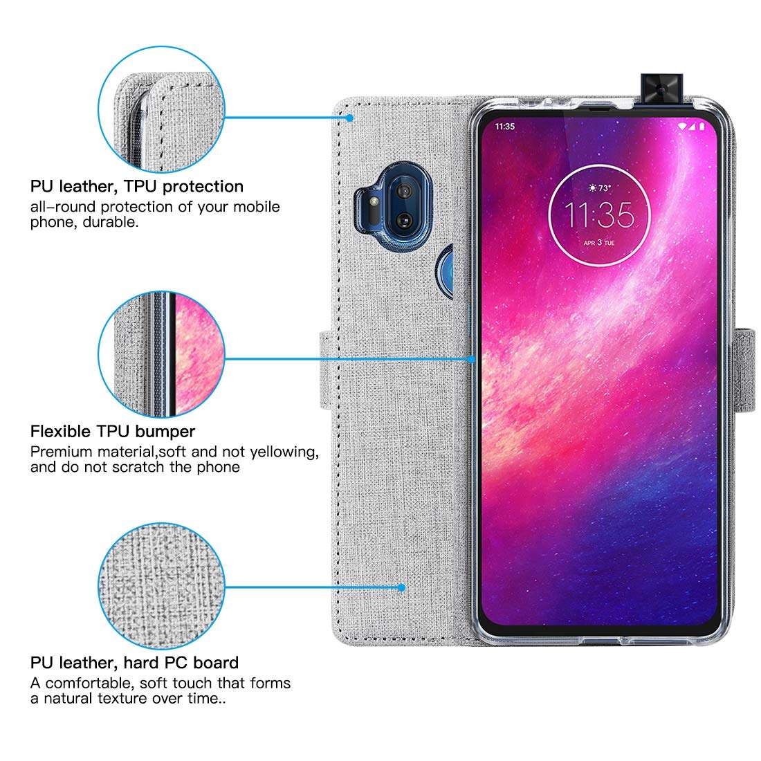 Foluu Motorola One Hyper Case, Wallet Case Cover Card Holster Canvas Flip/Folio Soft TPU Cover Bumper with Kickstand Ultra Slim Strong Magnetic Closure for Motorola One Hyper 6.5 inch 2019 (Gray) 5