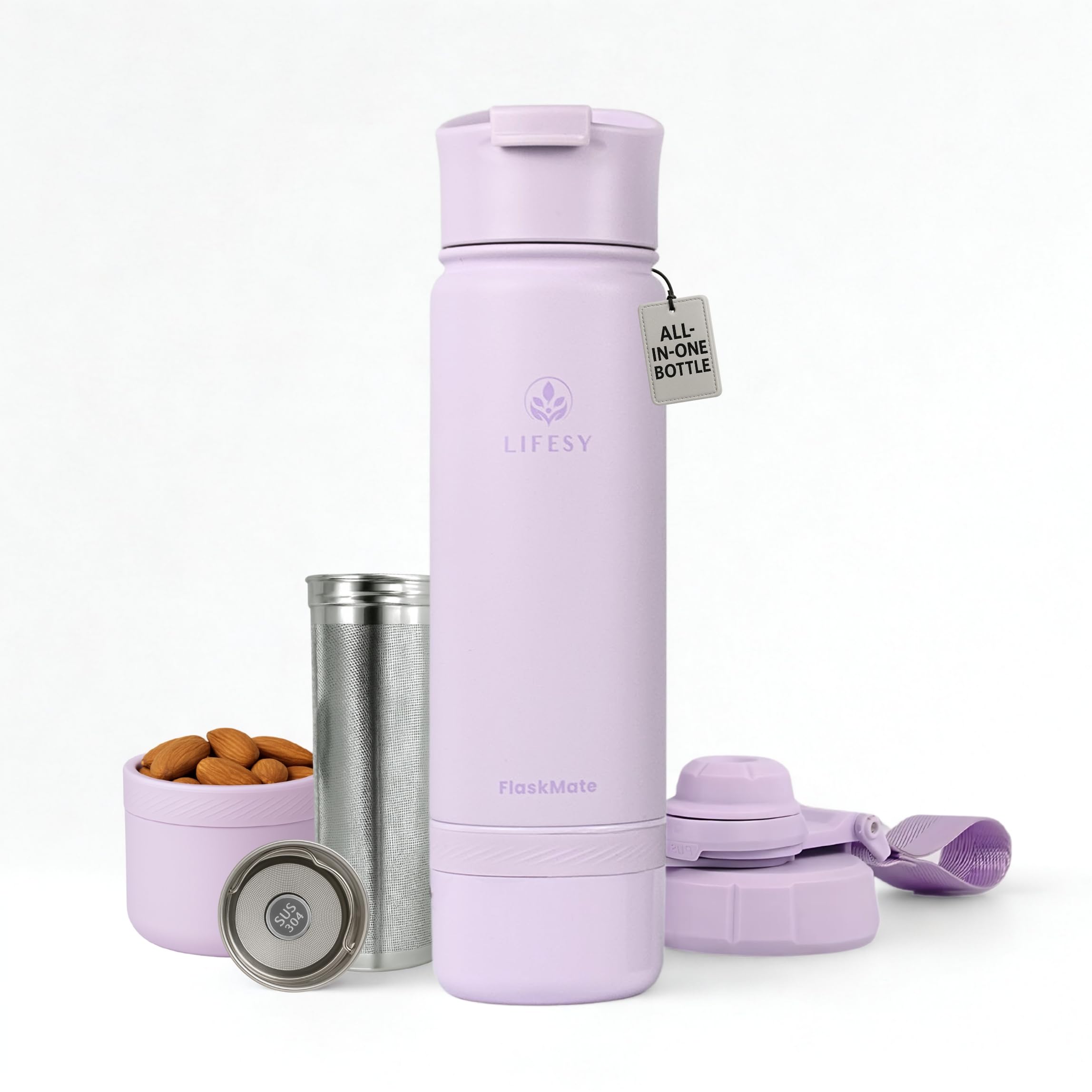FLASKMATE Tea Infuser Bottle & Coffee Thermos – 18oz Leakproof Insulated Flask with Storage, Dual Lids, and Travel French Press – Hot & Cold for Work, Wellness & On-the-Go Routines