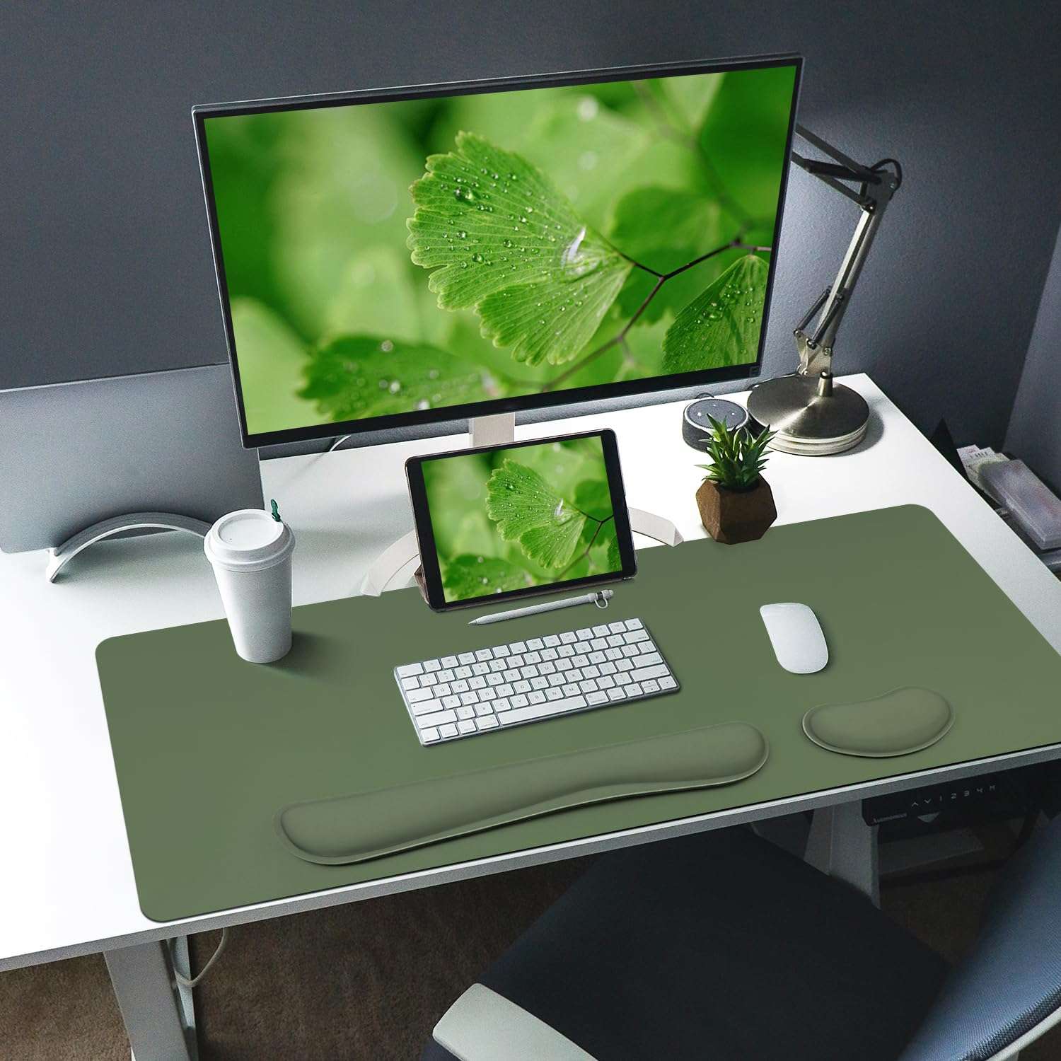 Bloss Keyboard and Mouse Wrist Rest + Leather Desk Mat, Desk Mat for Keyboard and Mouse, Desk Accessories for Women(35.4 x 15.7 Inch,Olive Green) 3