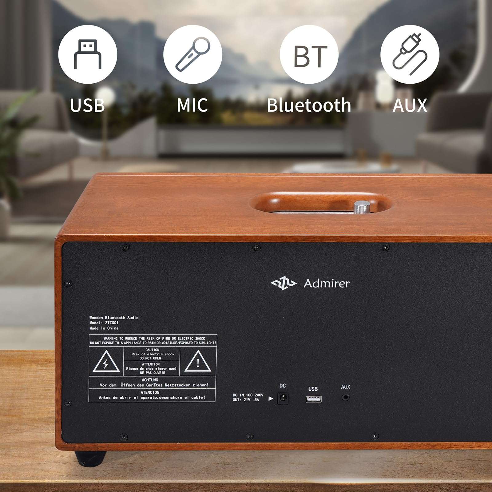 Admirer Bluetooth Speaker 2.1 System Natural Wooden 100W Vintage Hi-Fi Stereo Speaker with Bluetooth, USB, AUX, MIC, Frequency Range :2400-2483.5MHz 3