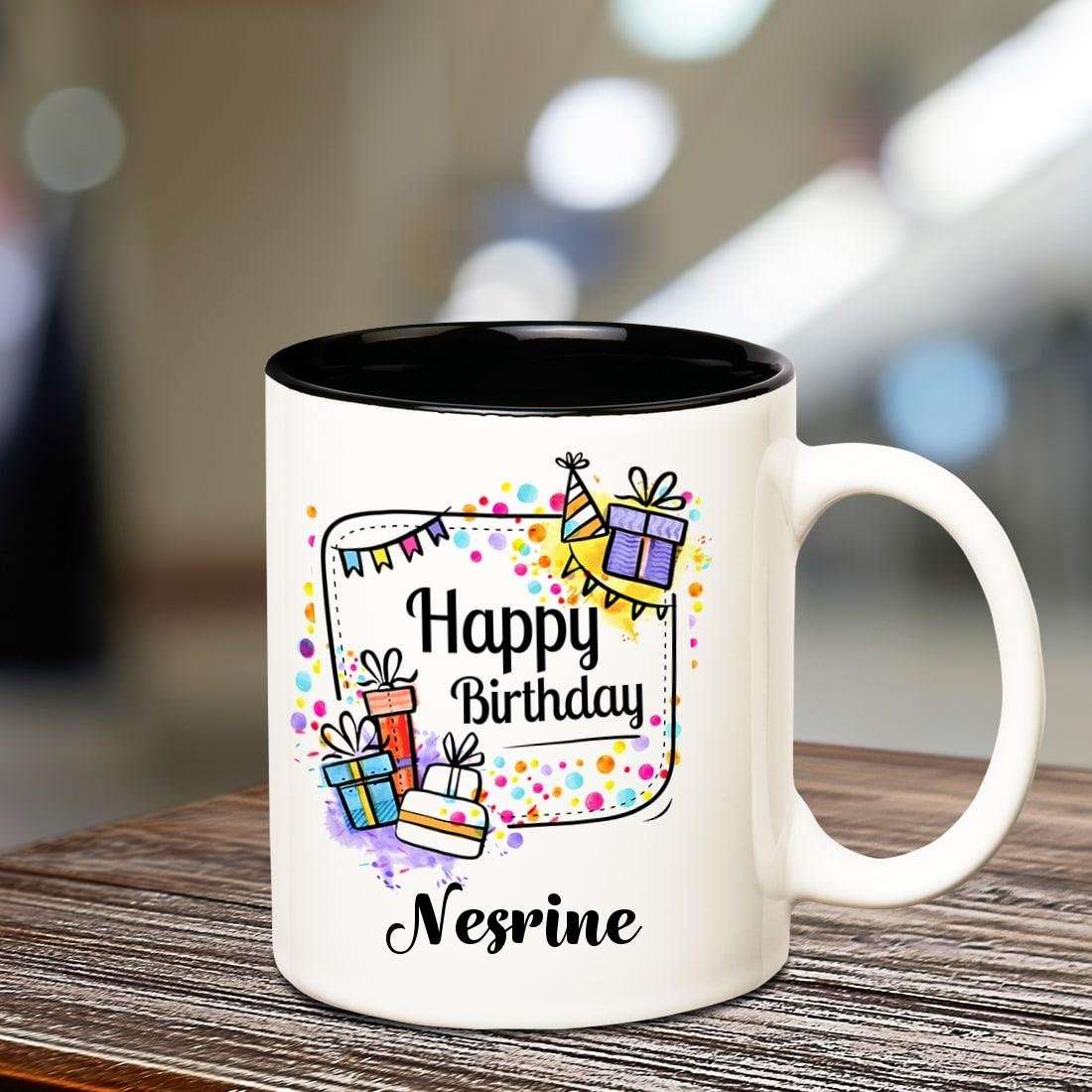 Huppme Happy Birthday Nesrine Inner Black Ceramic Coffee Mug, 350 Ml, 1-Piece, Multi-Color