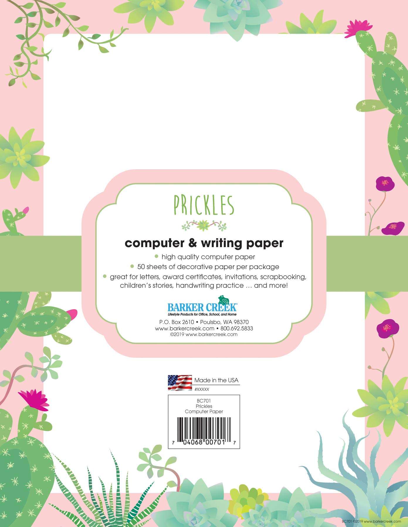 Barker Creek Designer Computer Paper, Prickles, 8.5” x 11”, Decorative Printer Paper, Stationery, 50 Sheets per Pkg, Home, School and Office Supplies (701) 2