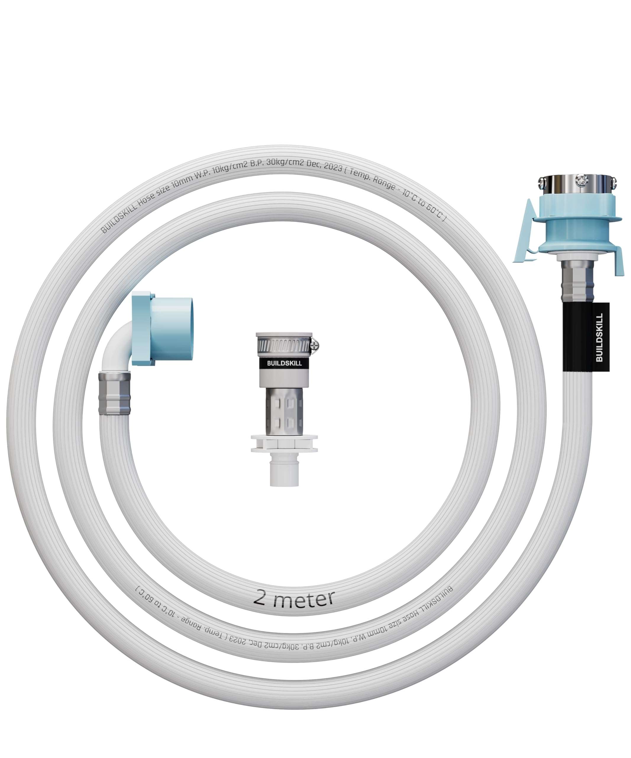 BUILDSKILL 2 Meter Fully Automatic washing machine inlet pipe | universal & normal tap adaptor connector | Burst proof | anti kink | Hot & Cold water washing machine pipe inlet | pressure resistant 1