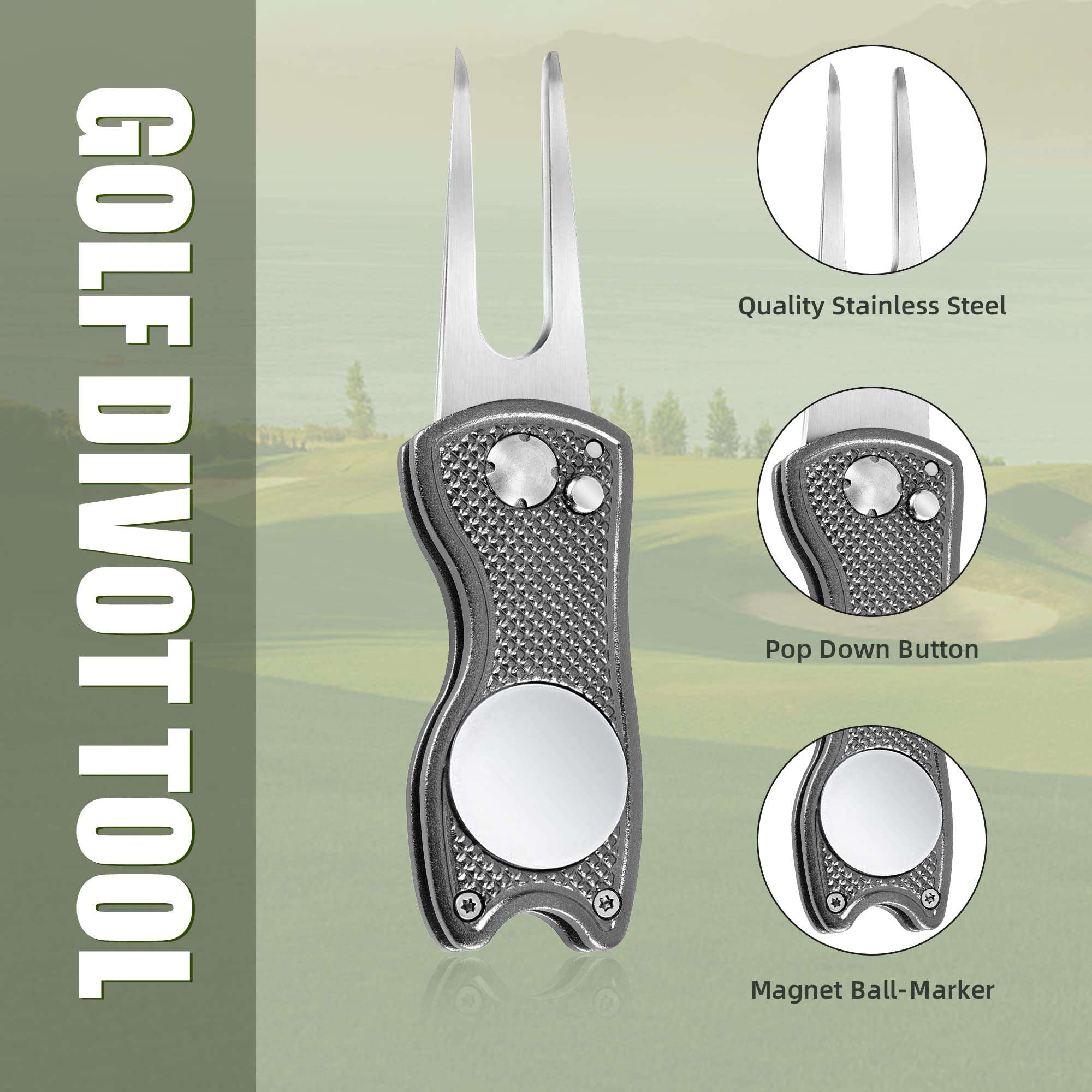 Mile High Life 2 Pieces Golf Divot Repair Tool w Magnetic Golf Ball Marker | All Metal Foldable Divot Tool w Pop-up Button | Golf Club Holder | Golf Accessories for Men (Green,Grey) 3