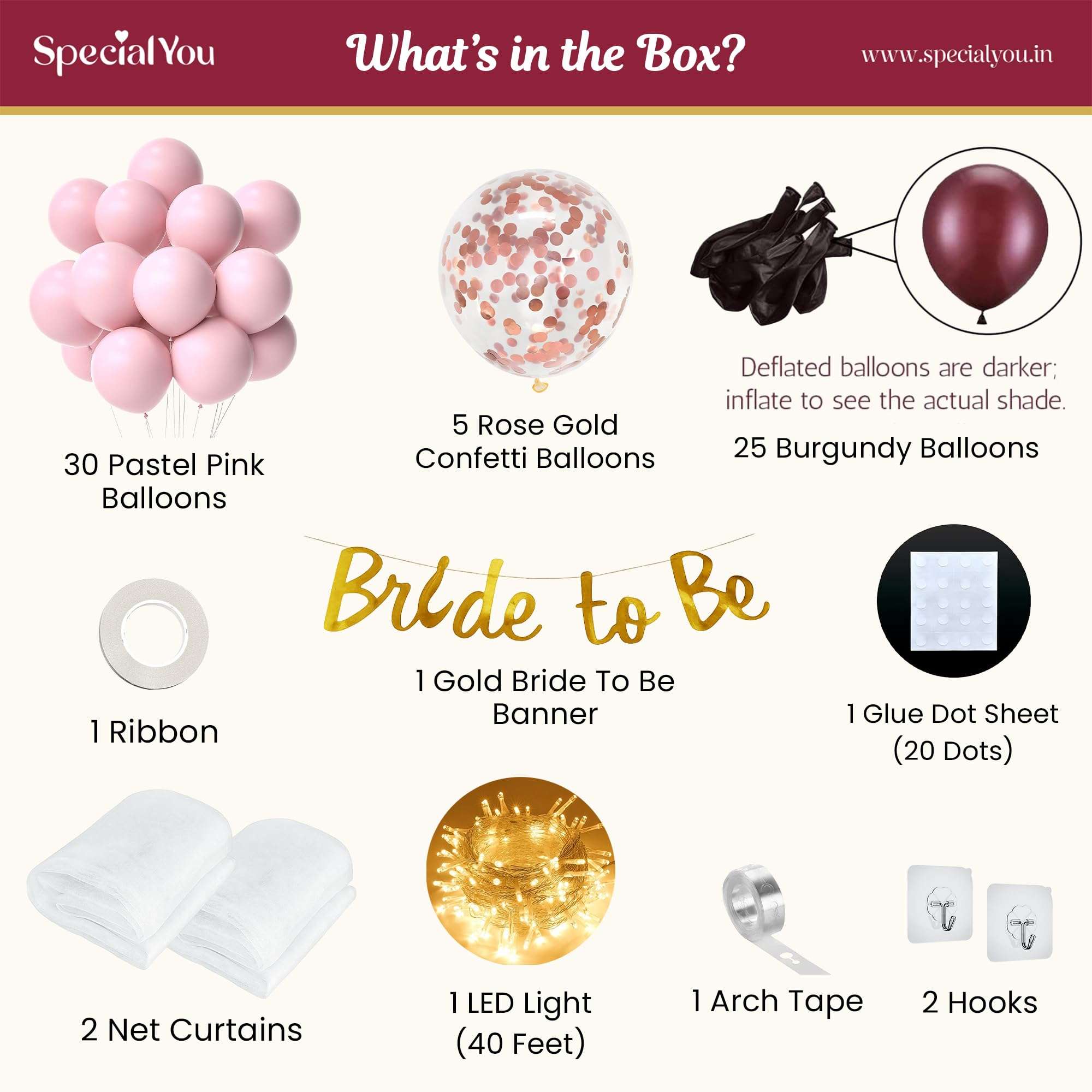 SpecialYou.in Rose Gold Theme Bride to Be DIY Decoration Kit Combo for Girls with Net Fabric Backdrop,Decorative Lights (40Ft Long) & Balloons,Bridal Shower Decorations Items,Photobooth Decorations 3
