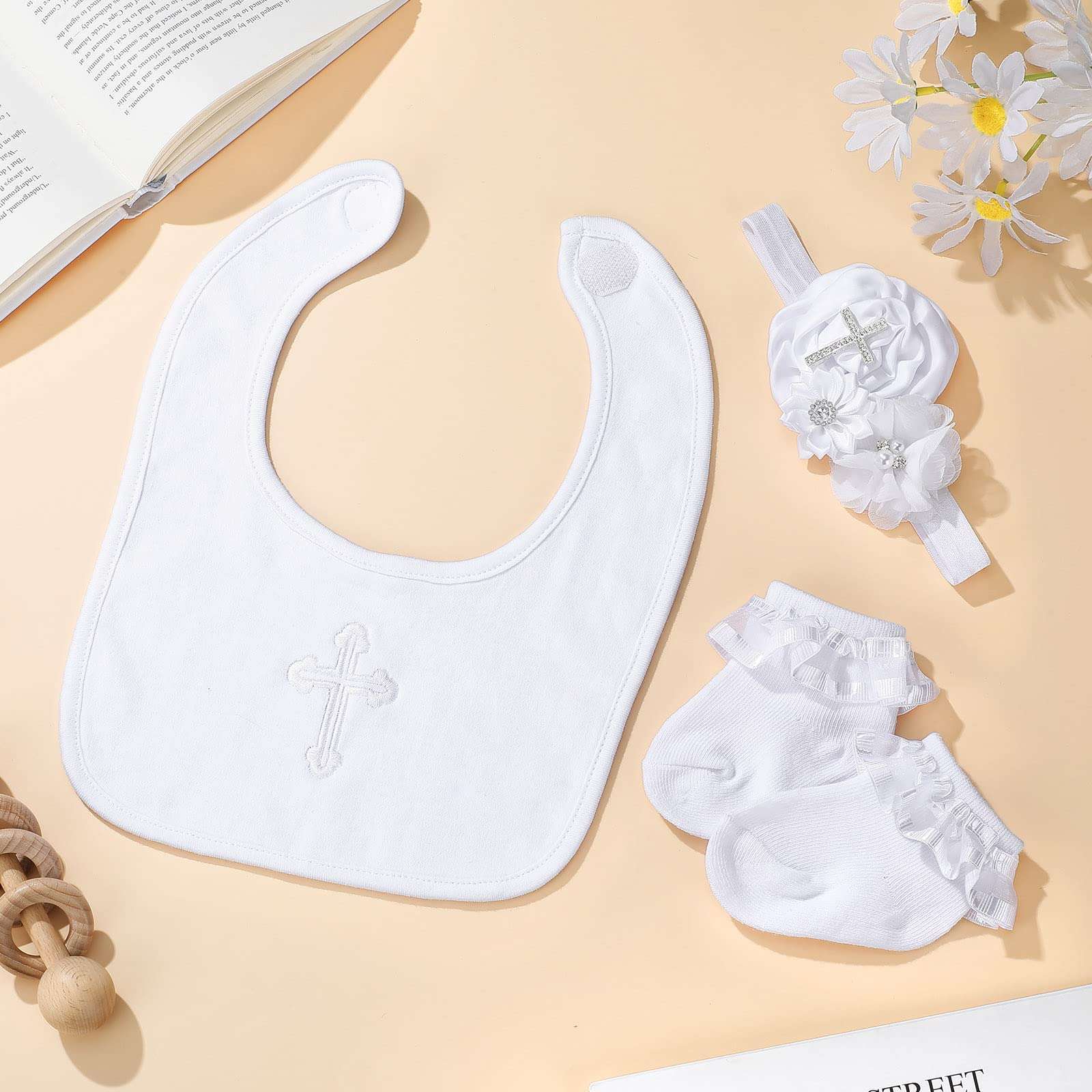 Geyoga 3 Pcs Baptism Bib for Baby Girl Baptism Candle Set Socks Pearl Headband Embroidered White Christening Outfit Bib(6-12 Months) 5