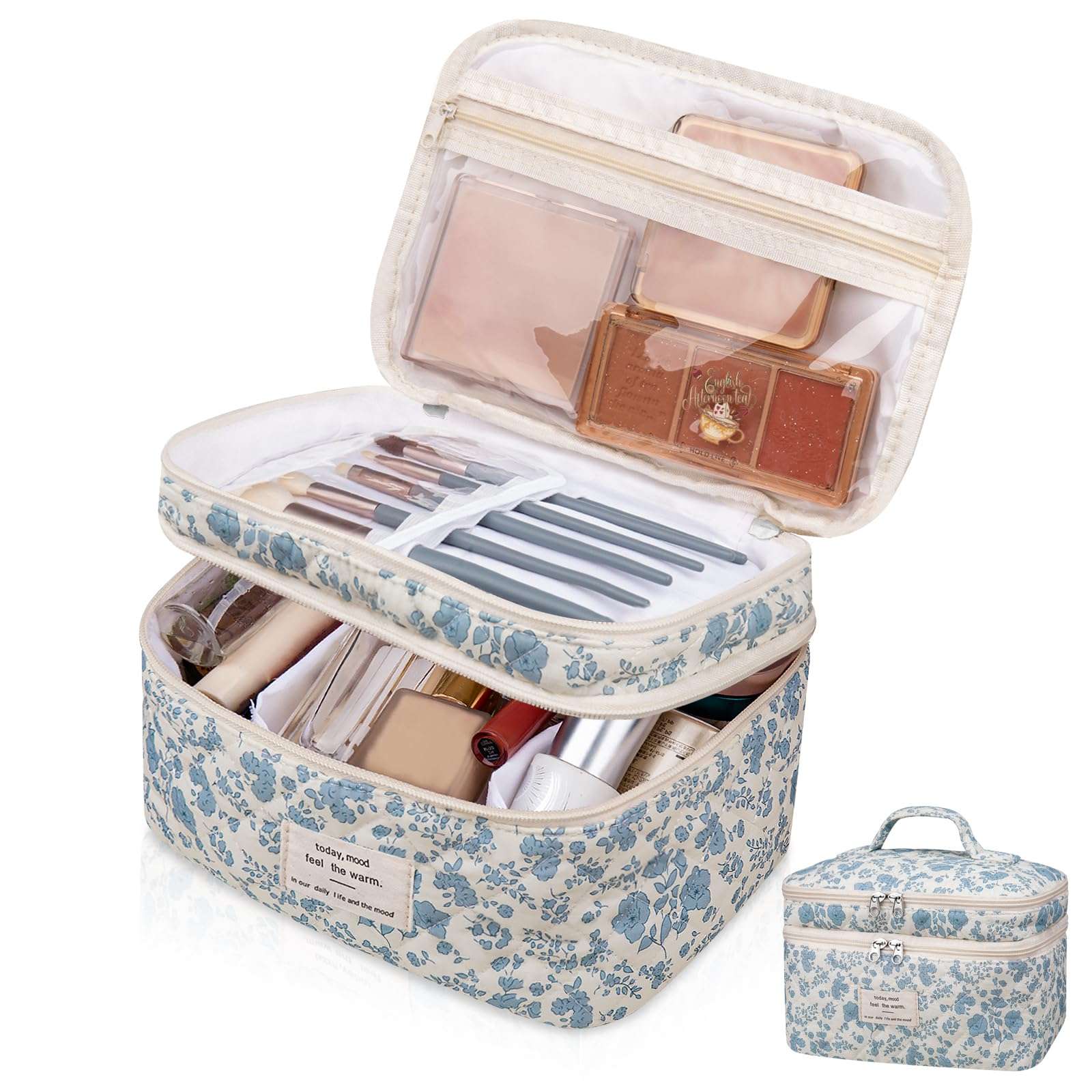 Makeup bag, Large Cosmetic Bag for Women Girls, Cute Quilted Makeup Bags, Floral Coquette Aesthetic Toiletry Bag, Travel Make Up Organizer Bag (Blue Flowers) 1