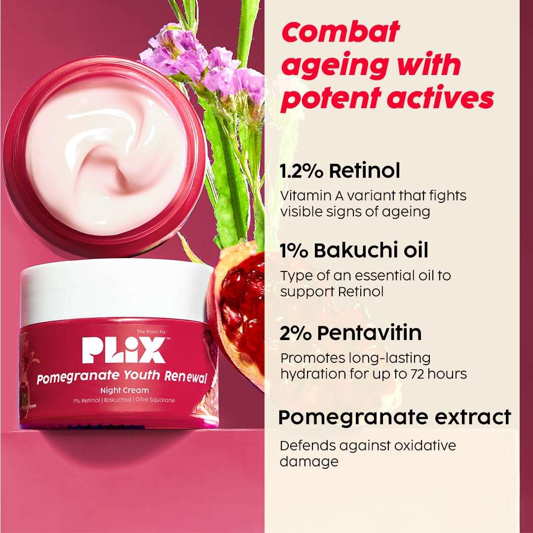 Plix Pomegranate Youth Renewal Night Care Combo with Juicy Cleanser, Youth Renewal Serum & Retinol Night Cream | Fine Lines, Wrinkles & Hydration 5