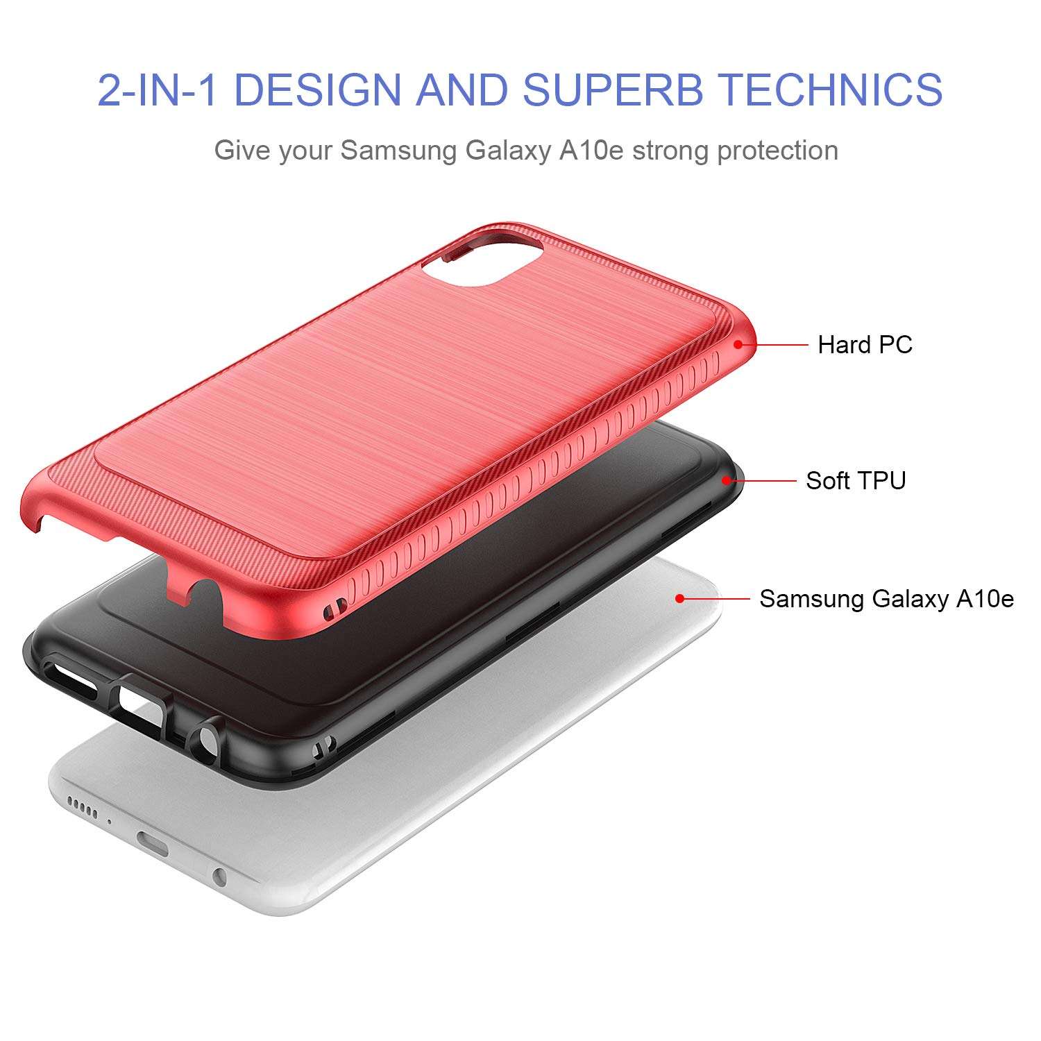 Samsung A10e Case,Galaxy A10e Case,MAIKEZI Hybrid Dual Layer TPU Plastic Armor Defender Fashion Phone Case Cover for Samsung Galaxy A10e 5.8"(Red Brushed) 3