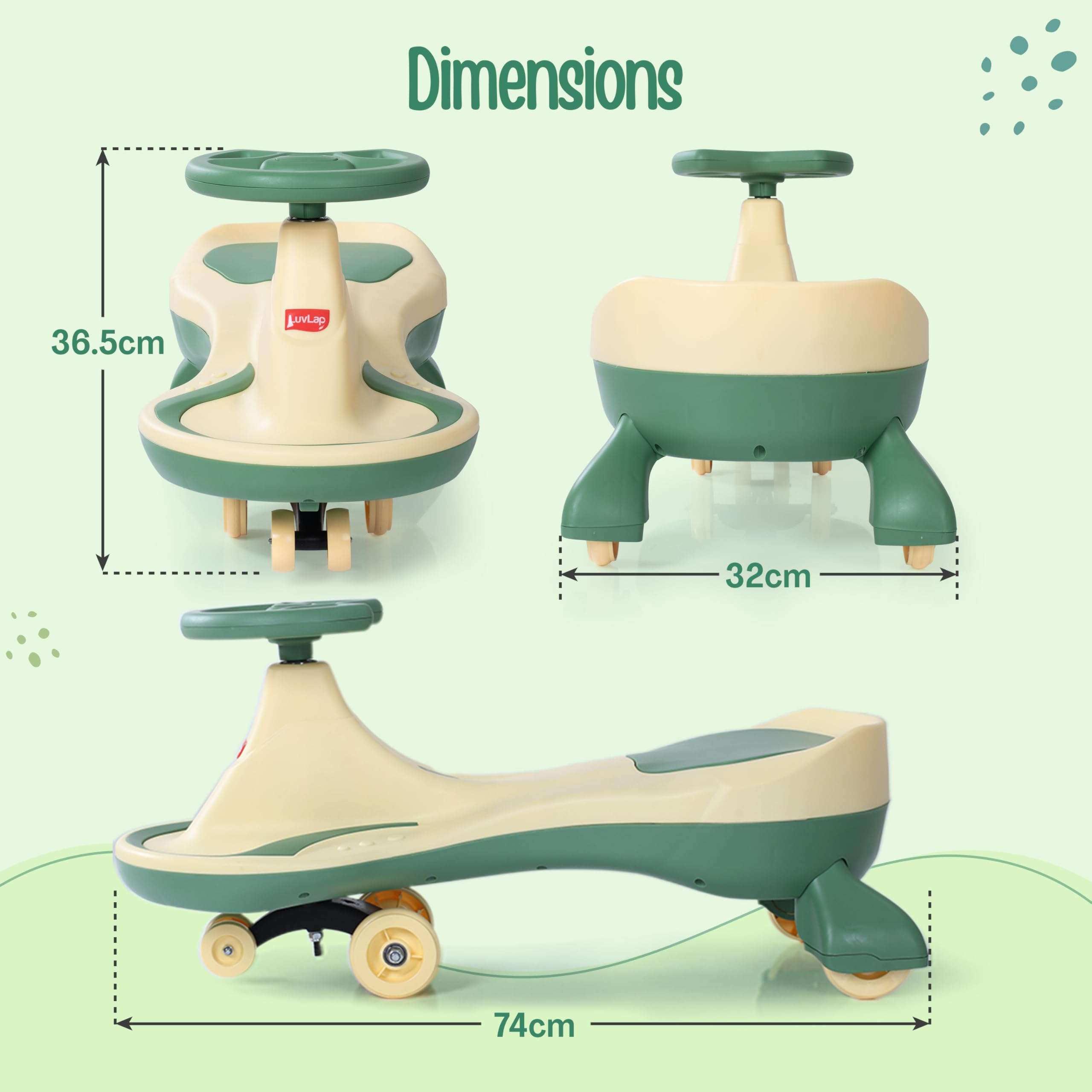 LuvLap Sunny Swing Car, Kids Push Car, Magic Car for Kids, Comfortable Seats & Durable, Ride On Magic Car for 3+ Years Baby Boy & Girl, Beige & Green 4