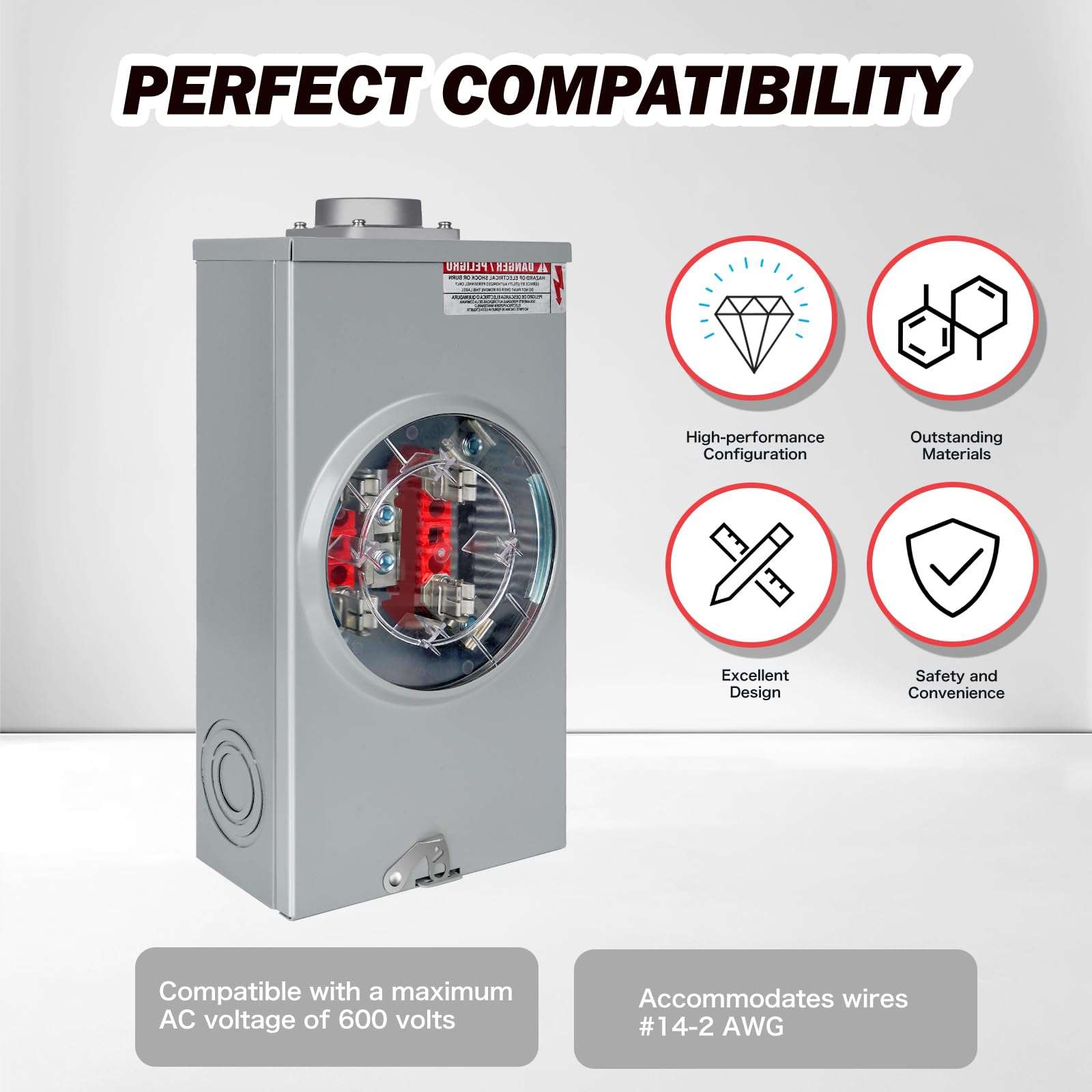 200 Amp Meter Socket, 1 Phase 4 Jaw, 600V 3 Wire Ringless Type, with Horn Bypass Meter Cover Plate, Suitable for Overhead/Underground Feed 3