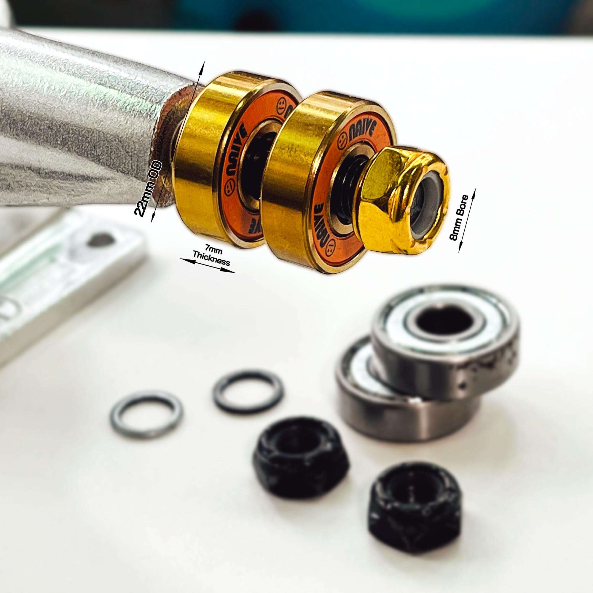 Naivskb Skate Bearings 8mm 8 Pack w/Nuts Washers Skateboard Longboard Roller Skates Surfskate(Golden Orange) 4