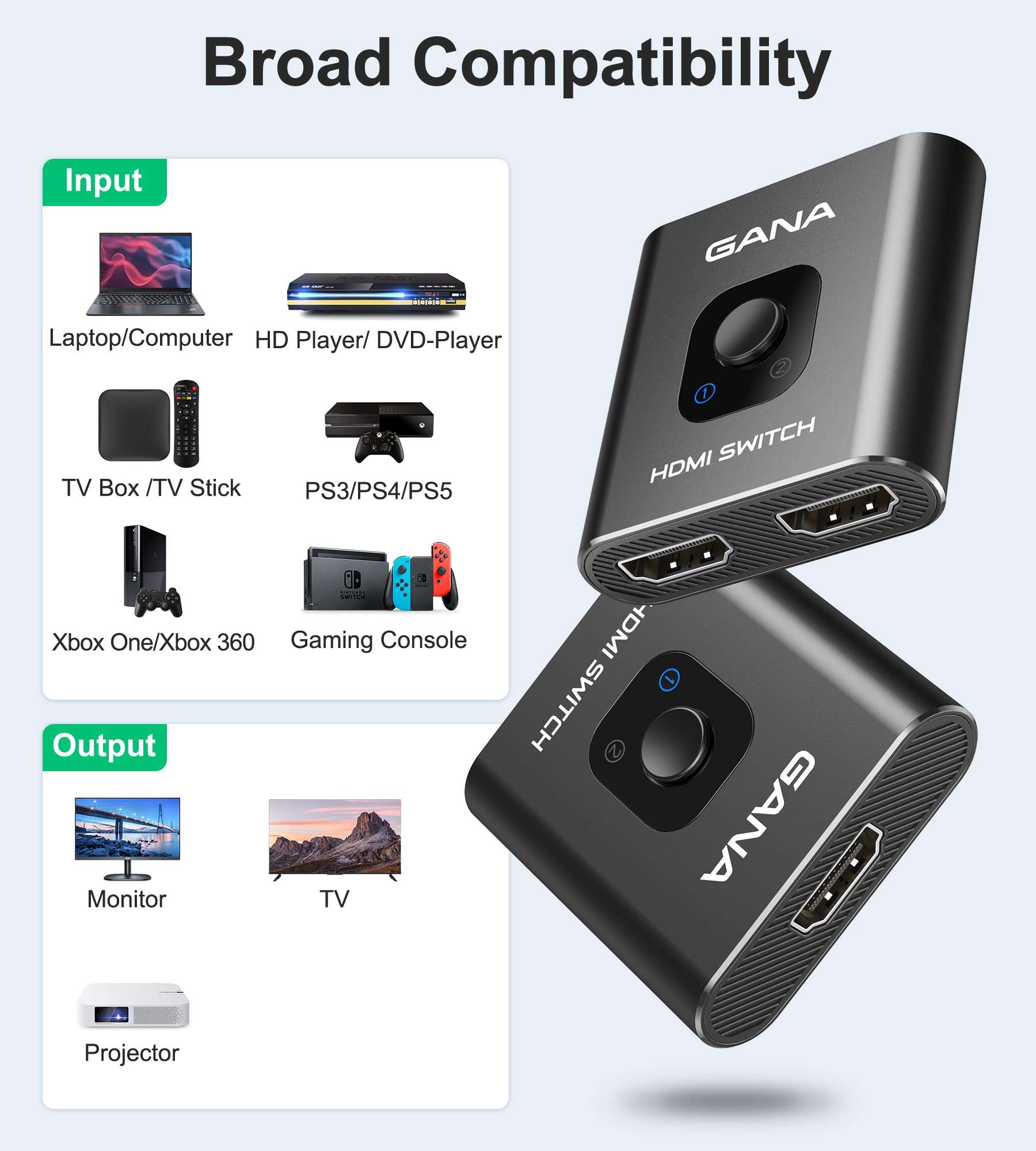 HDMI Switch 4k@60hz HDMI Splitter, GANA Aluminum Bidirectional HDMI Switcher 2 in 1 Out, Manual HDMI Hub Supports HD for Xbox PS5/4/3 Blu-Ray Player Fire Stick Roku (Support 1 Display at a Time) 4