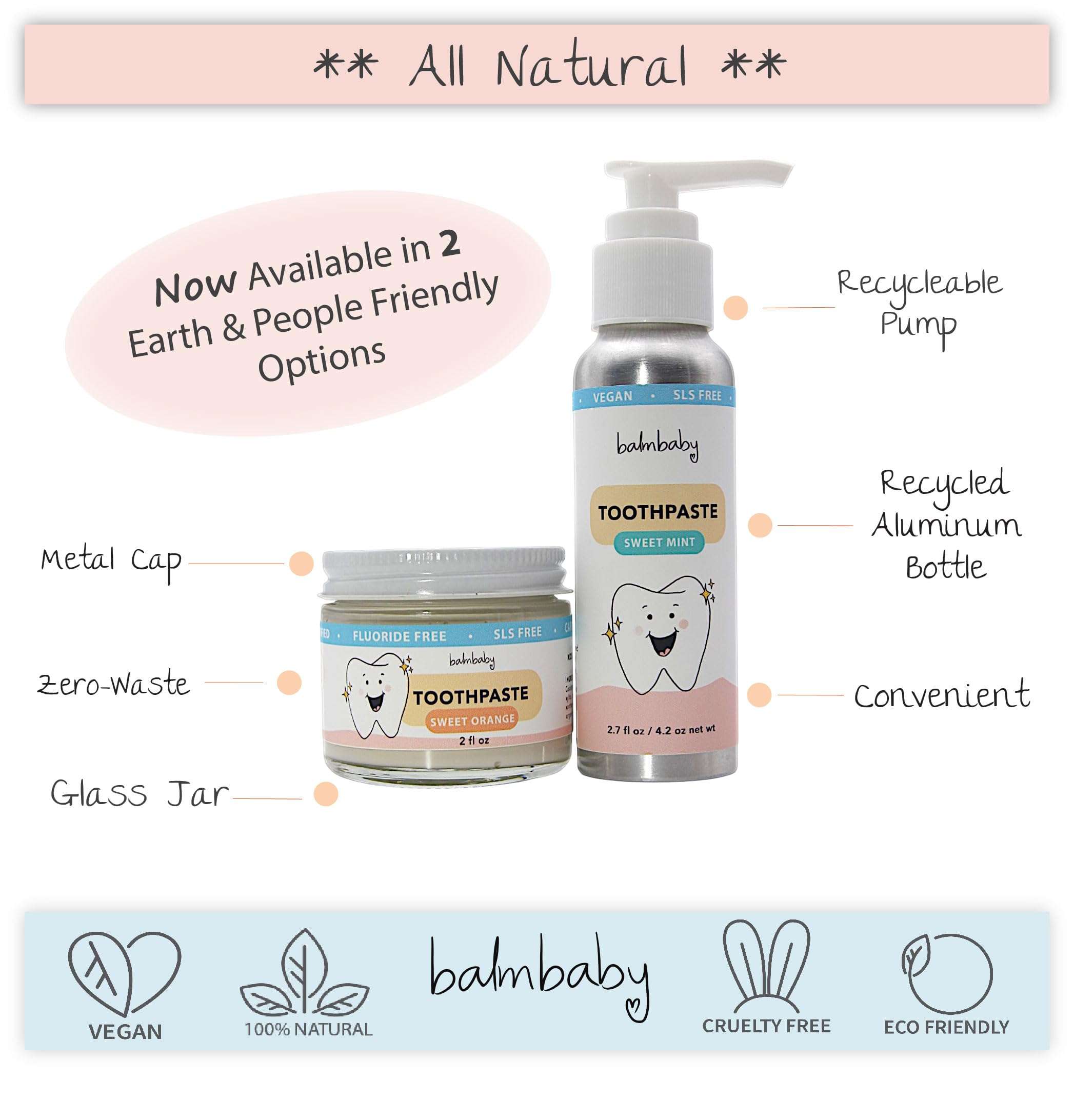 BALM! Baby Kids All Natural Fluoride Free Toothpaste with Xylitol, SLS Free, Vegan, Gluten Free, BPA Free, Zero Waste, Mint, 2 fl oz 3