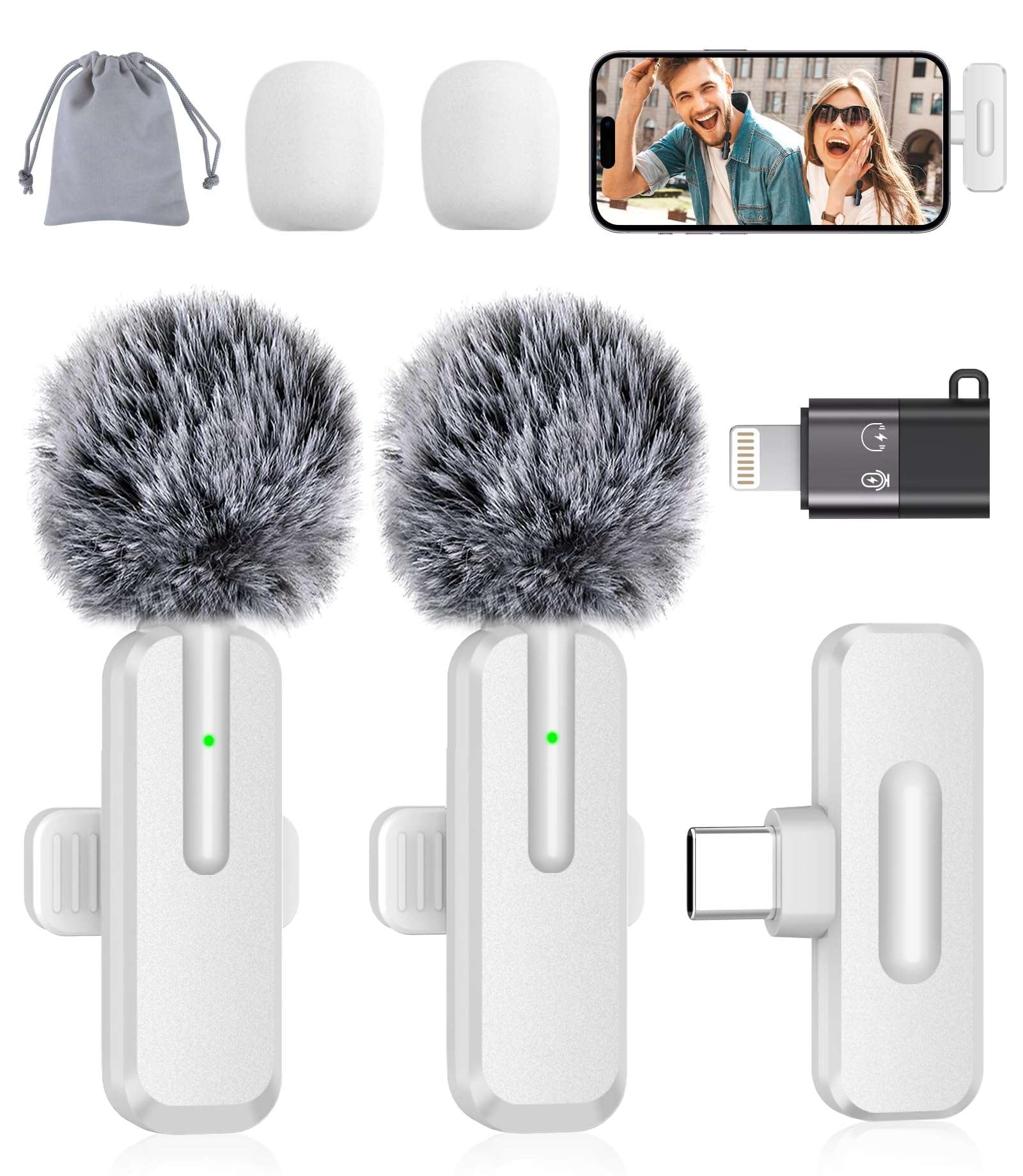 Wireless Mini Microphone for iPhone - 2 Pack Lavalier bluetooth Microphone for Video Recording, 2 In 1 Noise Reduction Lapel Mic for Ipad, Android, Clip-on Mini Mic for Tiktok Youtube Vlog Podcast