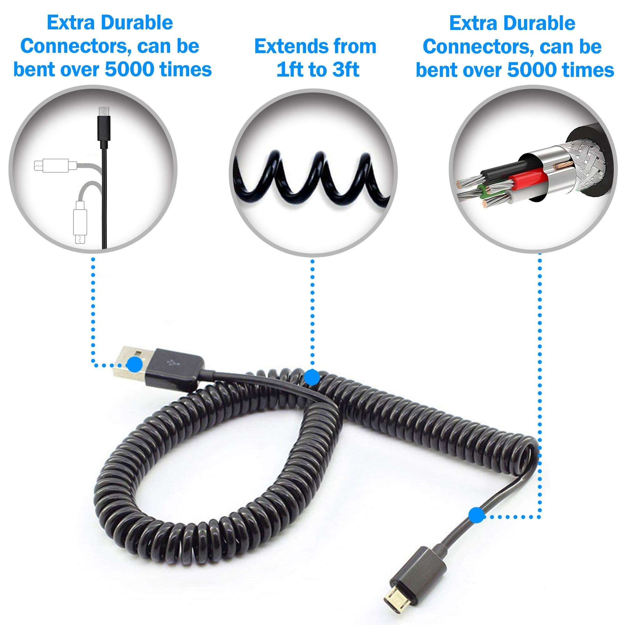 HomeryGardens USB 2.0 - Micro-USB to USB Coiled Cable – Extends from 1ft to 3ft – High-Speed Male A to Micro B, Black 4