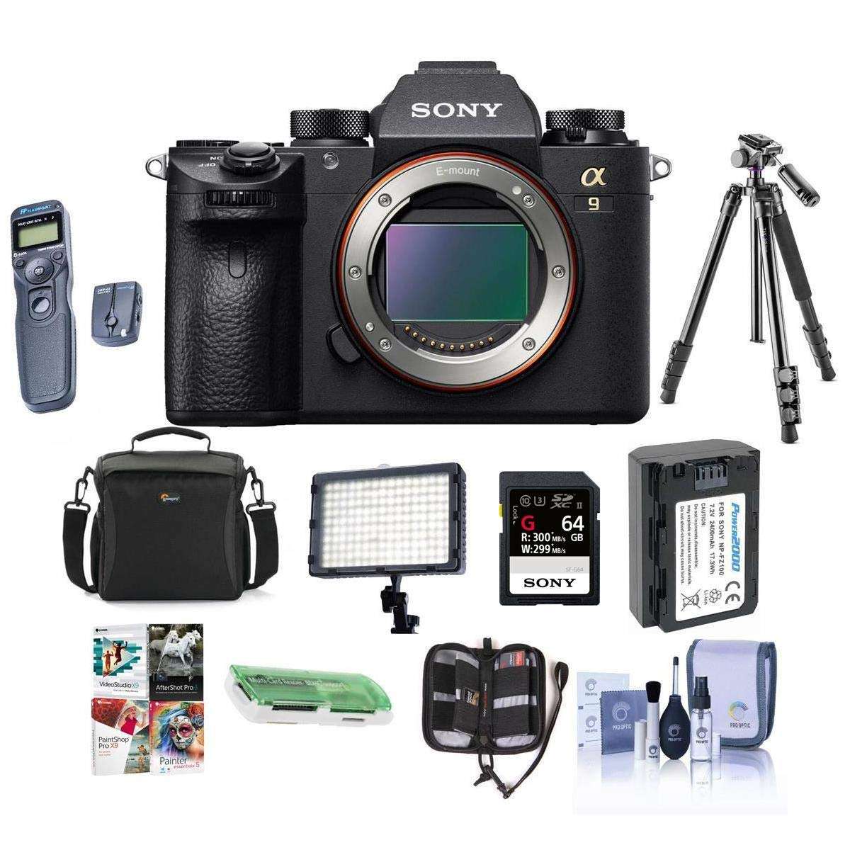Sony Alpha a9 Mirrorless Digital Camera, Full Frame - Bundle with Camera Case, 64GB SDXC U3 Card, Spare Battery, Tripod, Wireless Remote Shutter Trigger. Video Light, Cleaning Kit and More