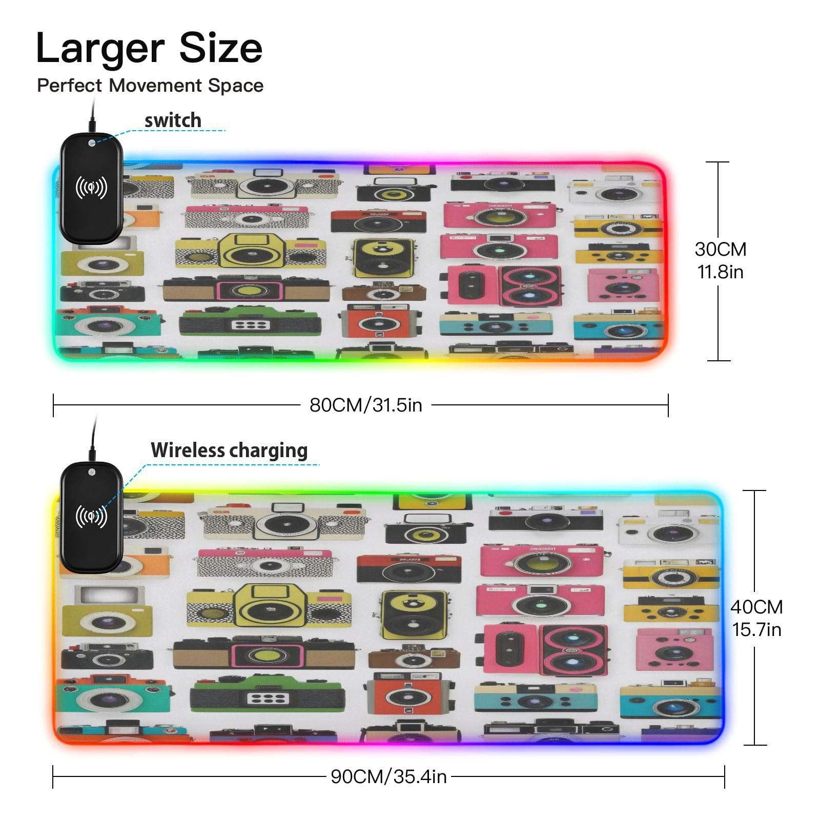 CZXW Old Fashioned Photo Cameras Gaming Mouse Pad Led Mousepads RGB Backlit with 14 Lighting Modes, Non Slip Base Soft Computer Keyboard Mat for Gaming PC Laptop Desk, S 3