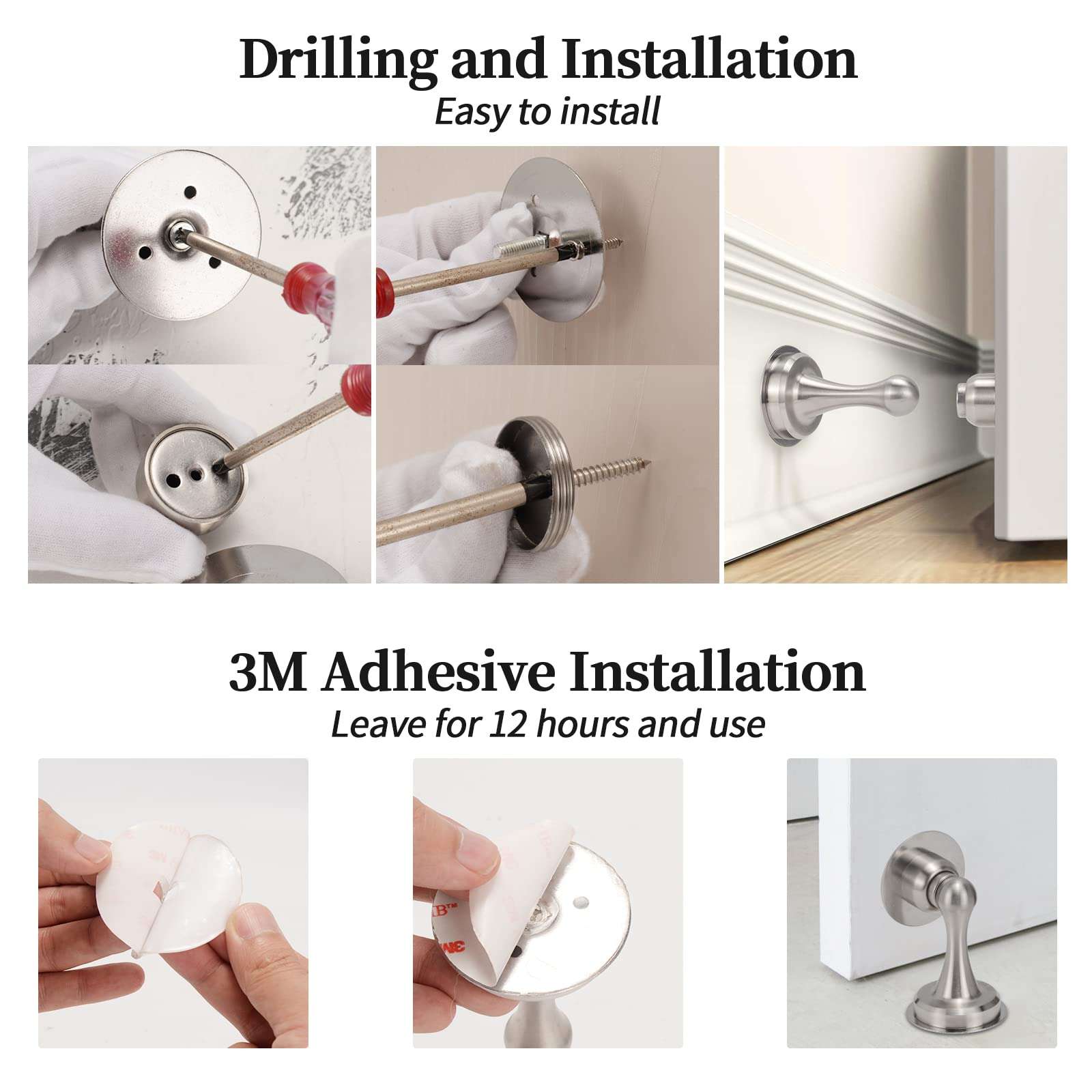 GOLDSEED Door Stopper, 304 Magnetic Door Stopper, Stainless Steel, No Drill Doorstop with 3m Self Adhesive Tape, Screws for Stronger Mount, Hold Door Open, Silver 5