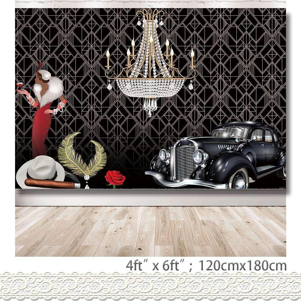 Rarcoirs Roaring 20s Photography Background The Great Gatsby Party Backdrop Vintage Happy Birthday Decoration Gangster Prom Props 20’s Bday Banner Decoration 71X47inch 5