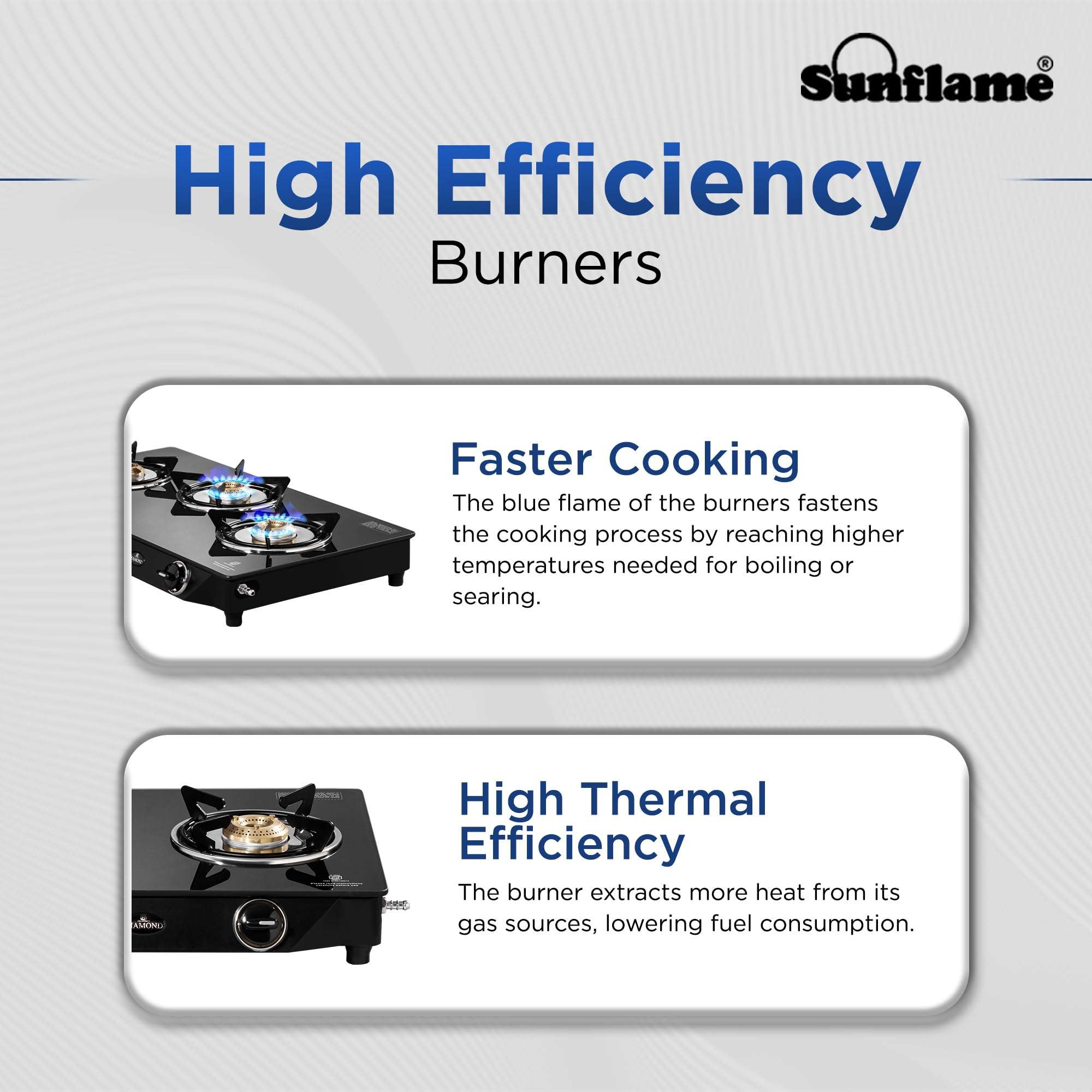 Sunflame Diamond 3 Burner Gas Stove | 1 Medium and 2 Small Brass Burners | 2-Years Product Coverage by Sunflame | Heat Resistant Ergonomic Knobs | Easy to Maintain | Toughened Glass Top 4