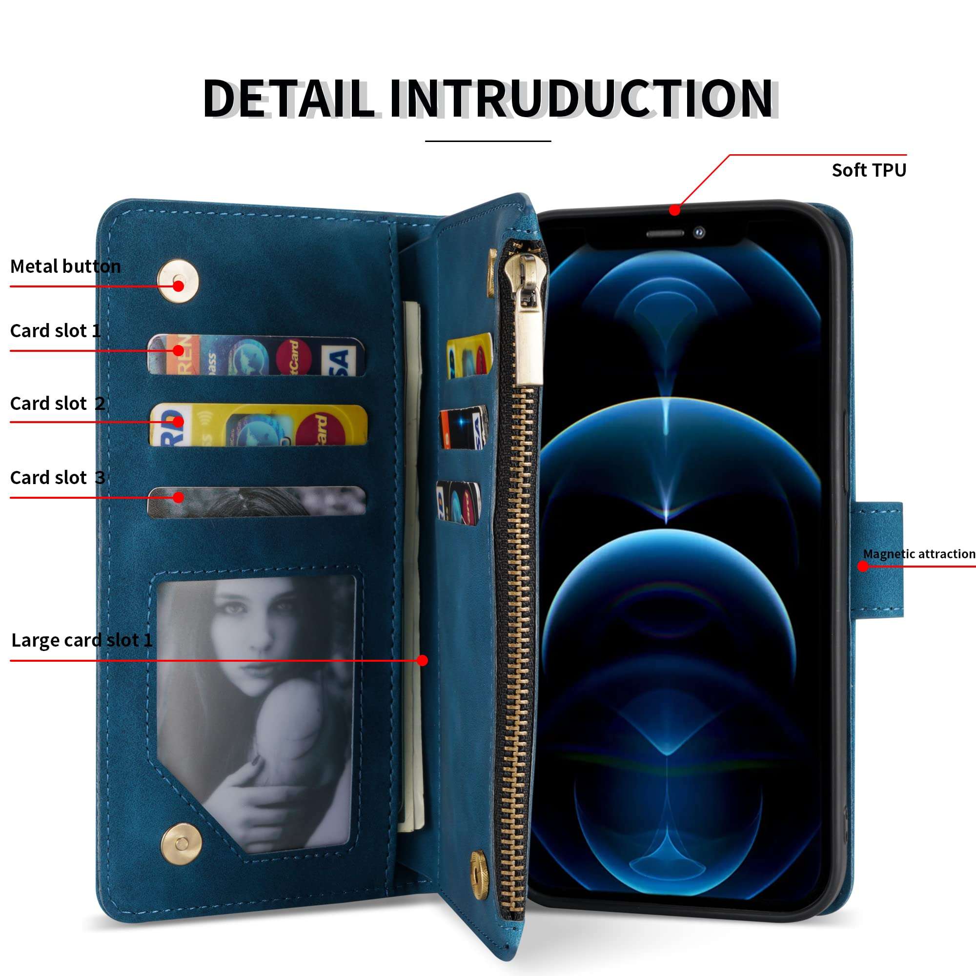 ZZXX for iPhone 12 Pro Max Wallet Case with Card Slot Premium Soft PU Leather Zipper Flip Folio Wallet with Wrist Strap Kickstand Protective for iPhone 12 Pro Max Case Wallet(Blue 6.7 inch) 4