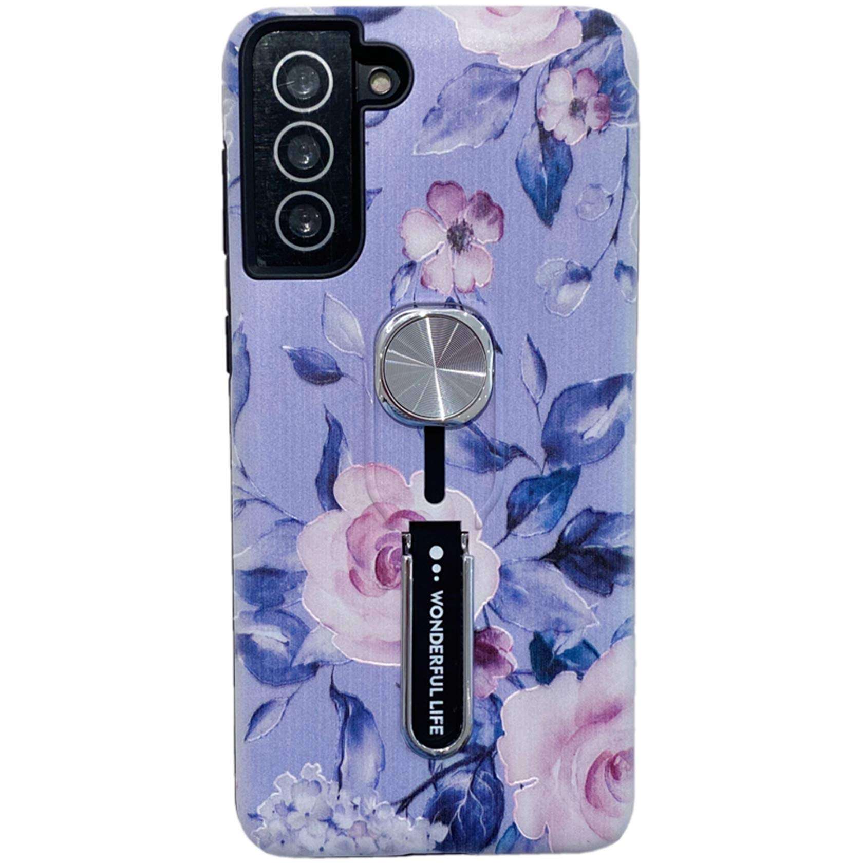 Hosgor Samsung Galaxy S21 5G Case for Girls, Floral Print Kickstand Finger Grip Design Rugged Shockproof Slim Soft TPU + PC Dual Layer Ring Strap Cover for Galaxy S21-6.2 inch(Blue) 1