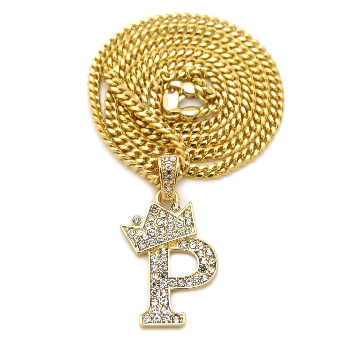 Fashion 21 Unisex Small Size Pave Crown Tilted Initial Alphabet Letter Pendant 3mm 24" Cuban Chain Necklace in Gold, Silver Tone (P - Gold Tone) 1