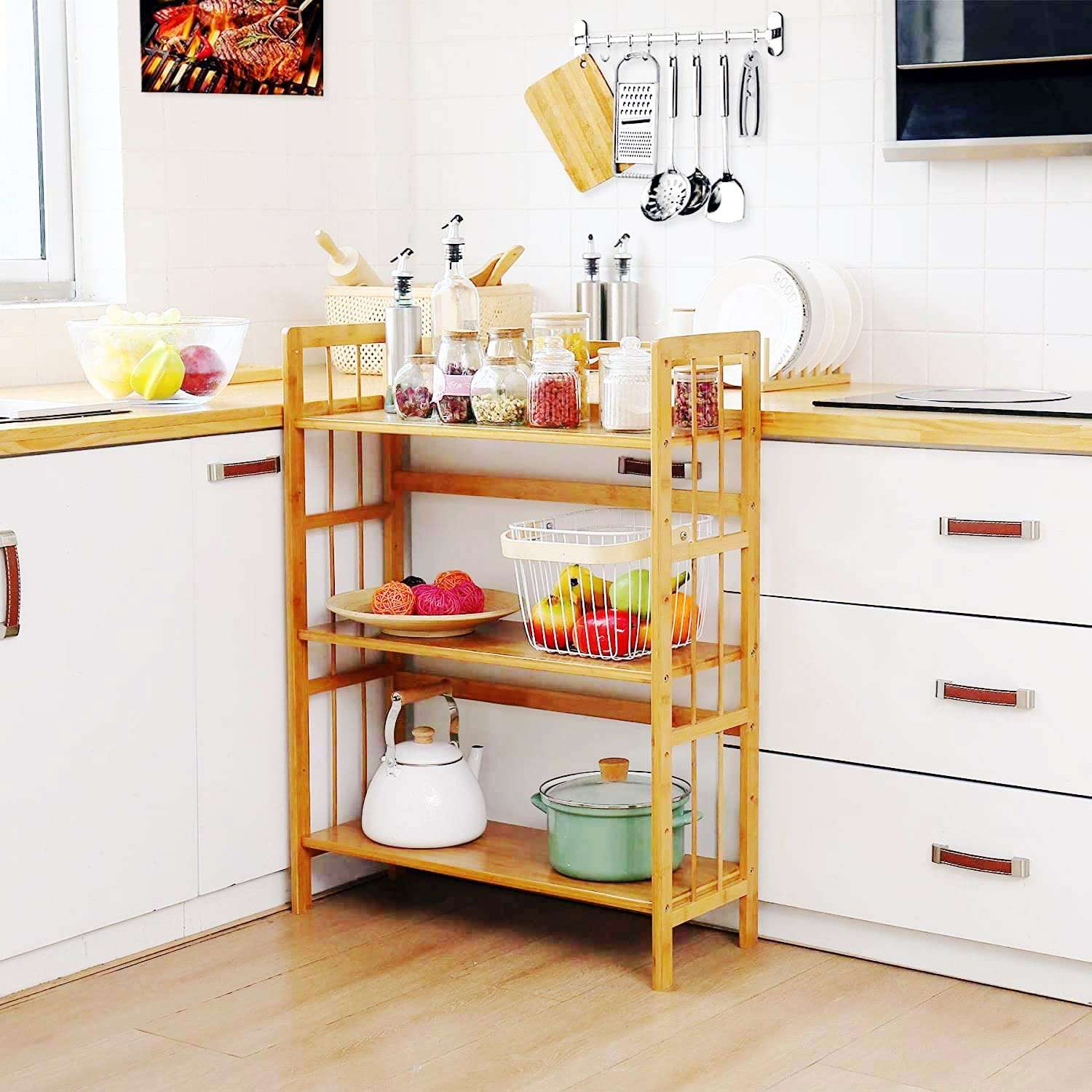 C&AHOME Bamboo Shelf, 3-Tier Bookcase, Free-Standing Storage, Plant Stand, Max Load 35LBS Per Shelf, Utility Rack for Living Room, Bathroom, Kitchen, Home, Natural 4