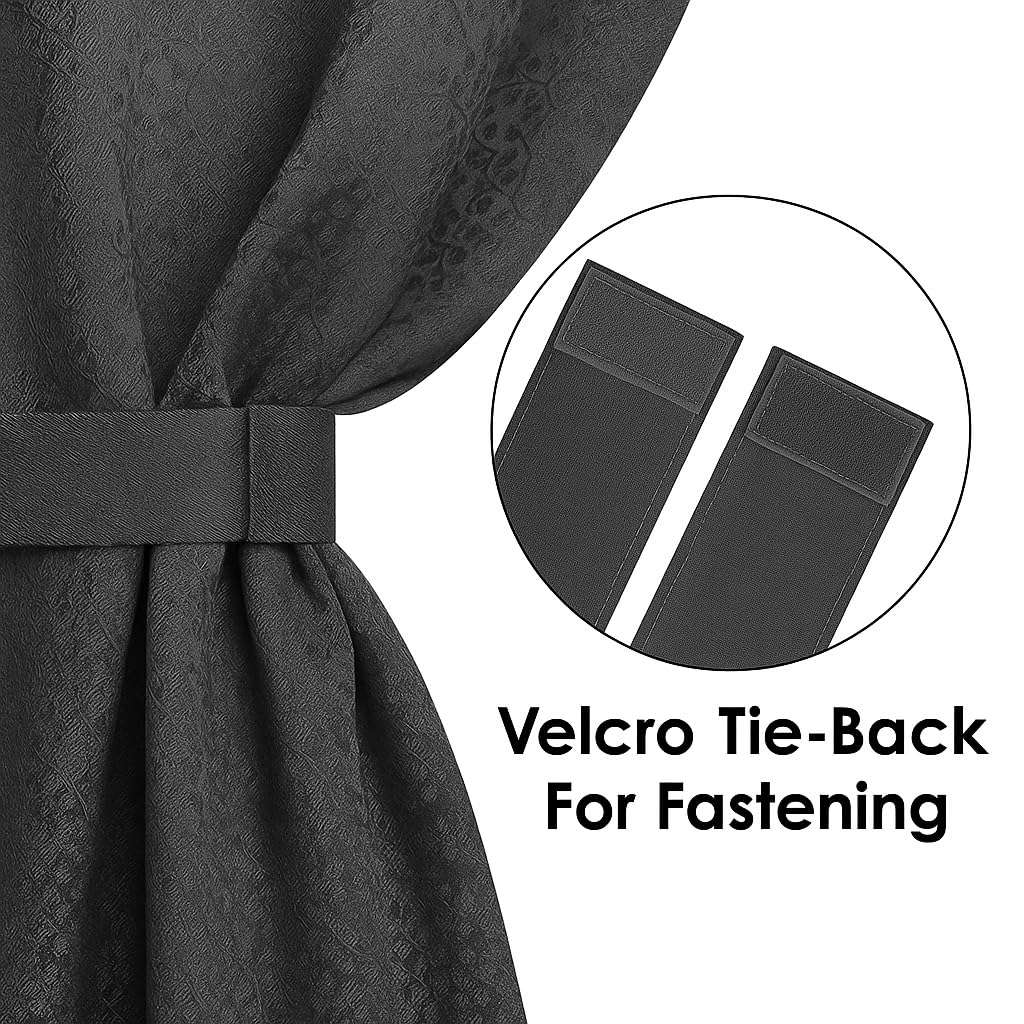 Selection House 7x4 Feet Faux Silk Blackout Curtains Set of 2 |Noise Reduced and Fade Resistant Curtains | Floral Jacquard Design Room Drapes for Bedroom Living Room Windows Door (Dark Grey) 4